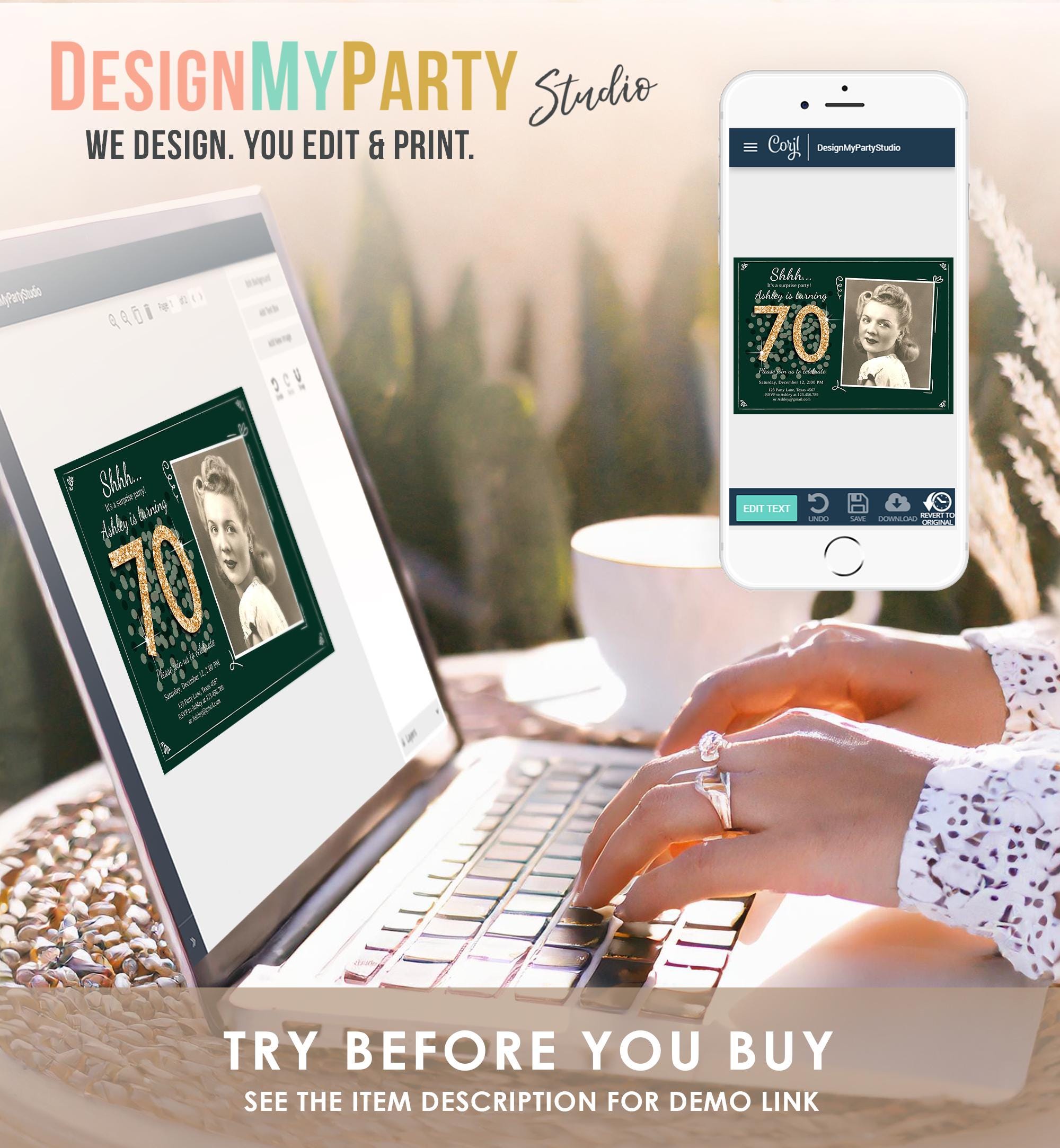 Editable ANY AGE Surprise Birthday Invitation Adult 70th Party Rustic Emerald Green Gold Glitter Photo Digital Evite Template Printable 0103