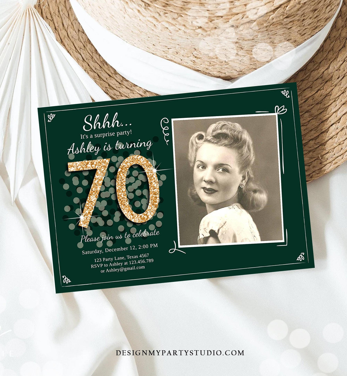 Editable ANY AGE Surprise Birthday Invitation Adult 70th Party Rustic Emerald Green Gold Glitter Photo Digital Evite Template Printable 0103
