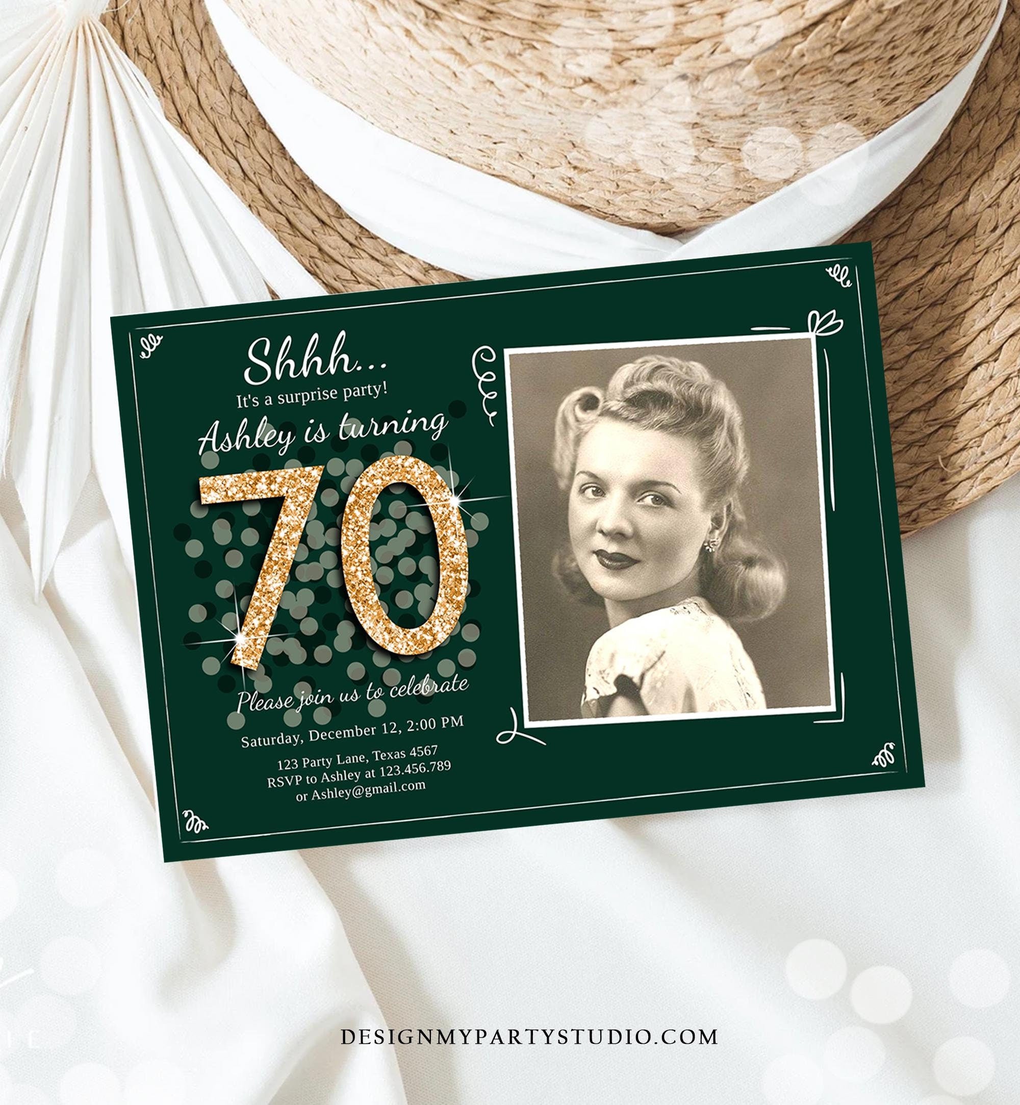 Editable ANY AGE Surprise Birthday Invitation Adult 70th Party Rustic Emerald Green Gold Glitter Photo Digital Evite Template Printable 0103