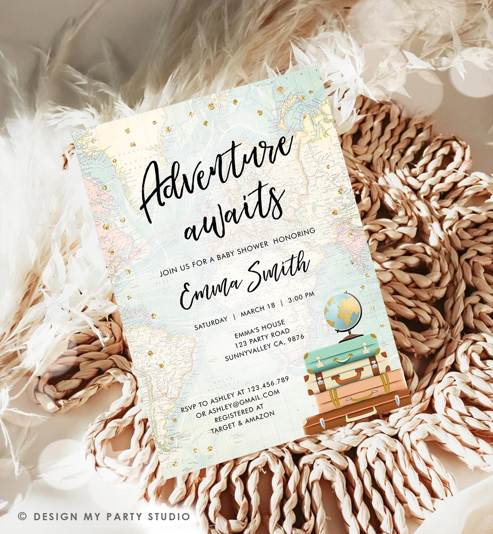 Editable Adventure Awaits Baby Shower Invitation Gold Confetti Suitcases Globe Travel Around World Digital Evite Template Printable 0263