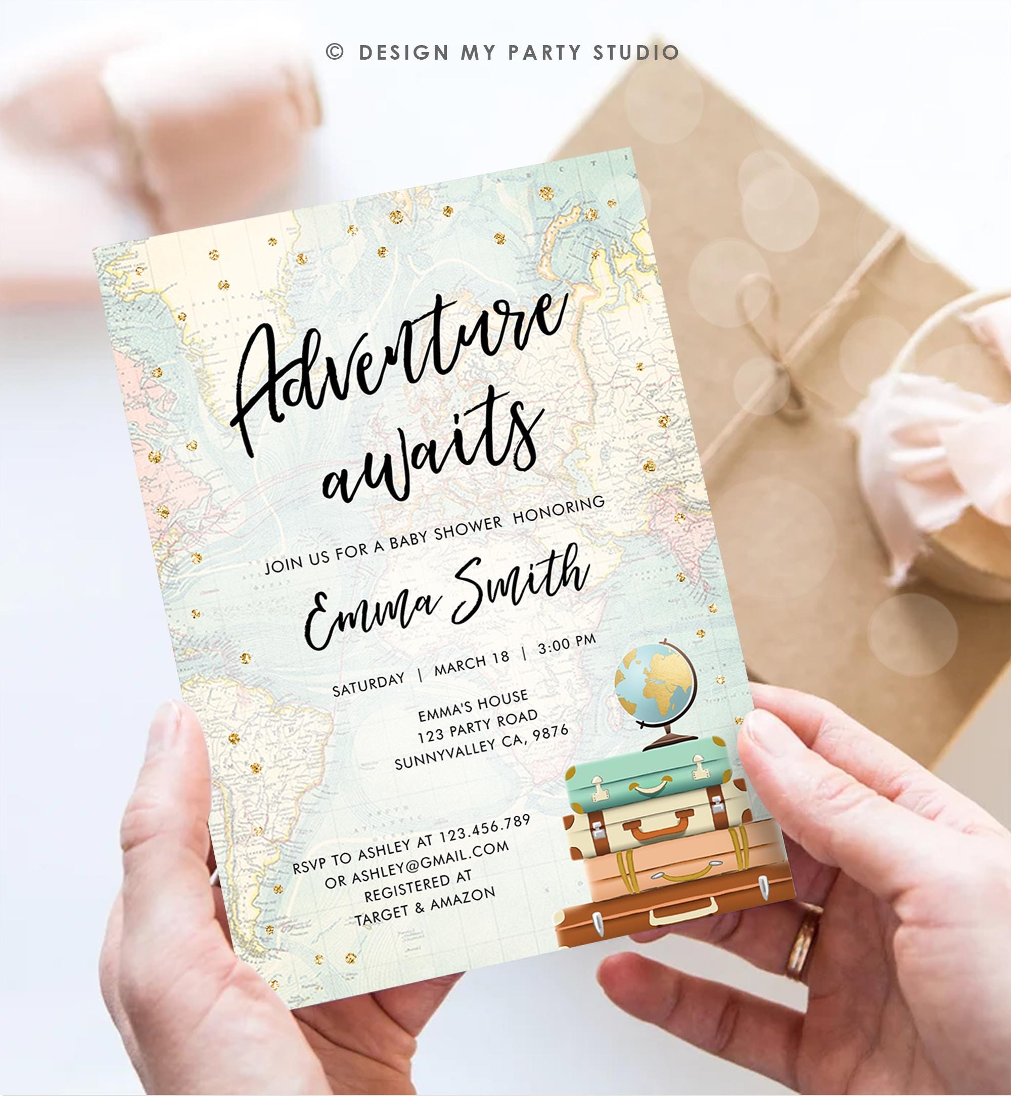 Editable Adventure Awaits Baby Shower Invitation Gold Confetti Suitcases Globe Travel Around World Digital Evite Template Printable 0263