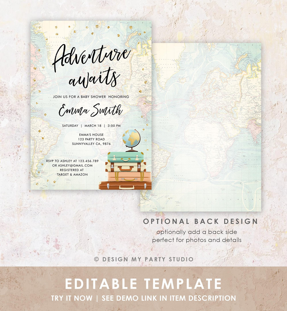 Editable Adventure Awaits Baby Shower Invitation Gold Confetti Suitcases Globe Travel Around World Digital Evite Template Printable 0263