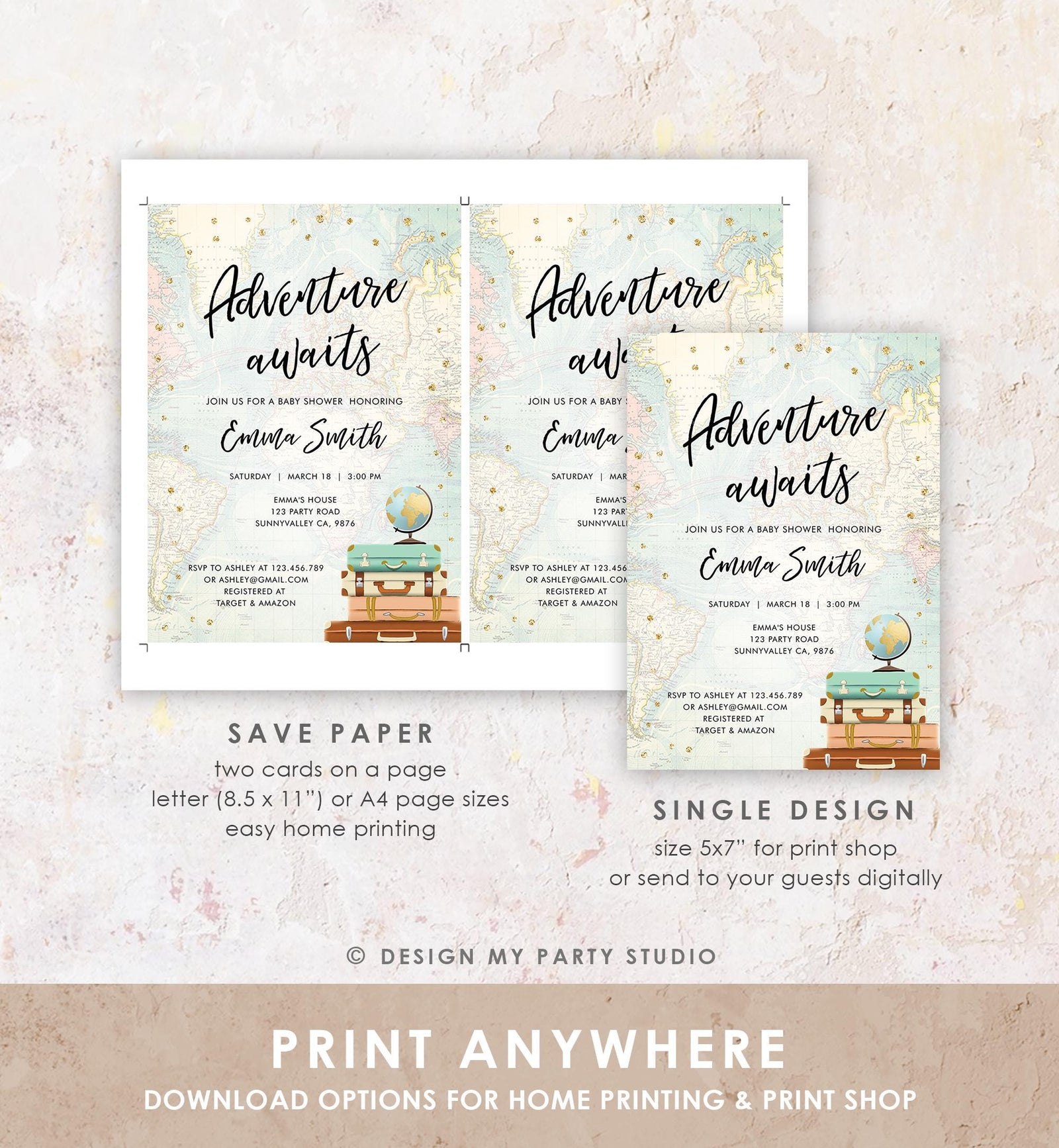 Editable Adventure Awaits Baby Shower Invitation Gold Confetti Suitcases Globe Travel Around World Digital Evite Template Printable 0263