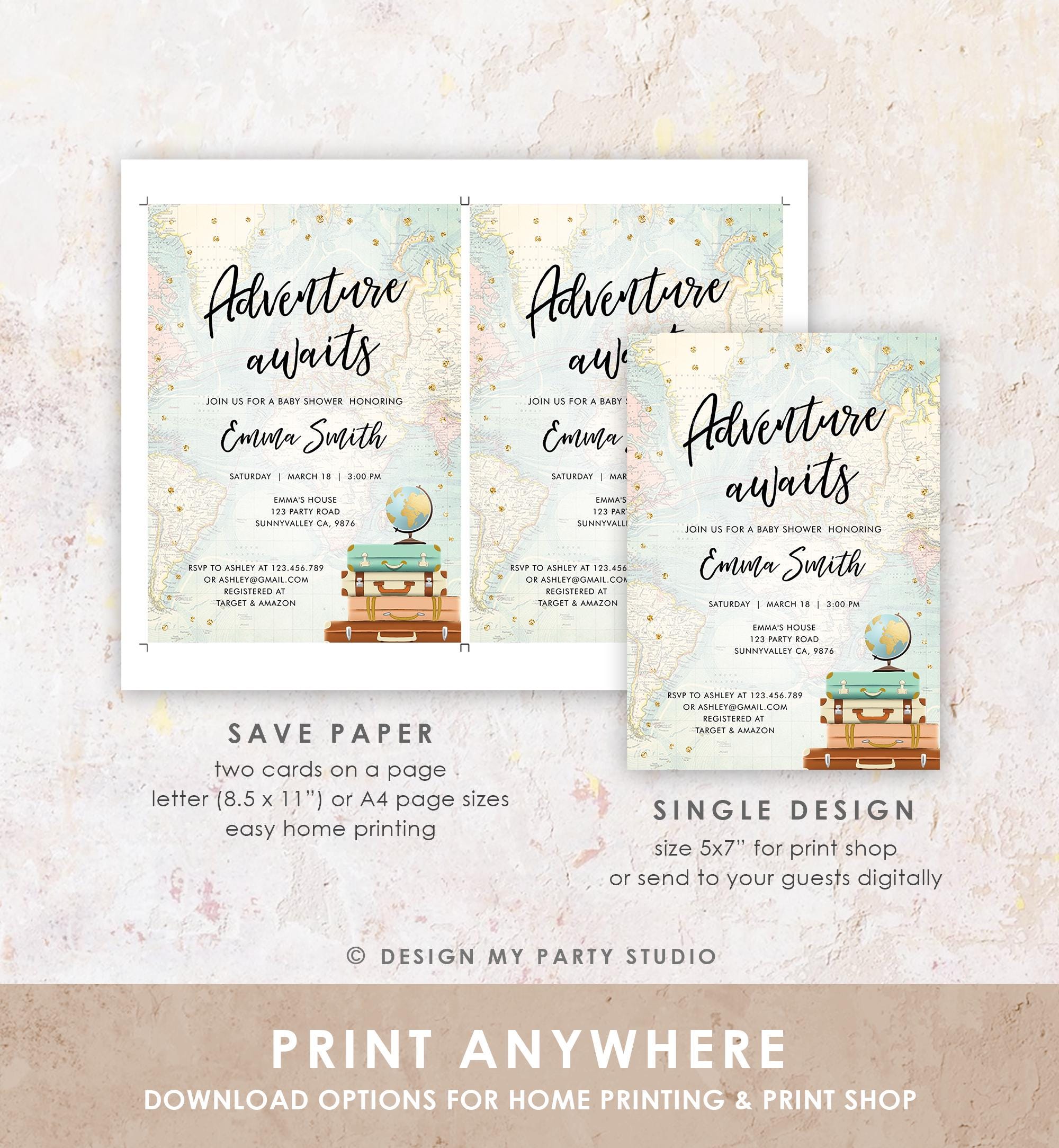 Editable Adventure Awaits Baby Shower Invitation Gold Confetti Suitcases Globe Travel Around World Digital Evite Template Printable 0263