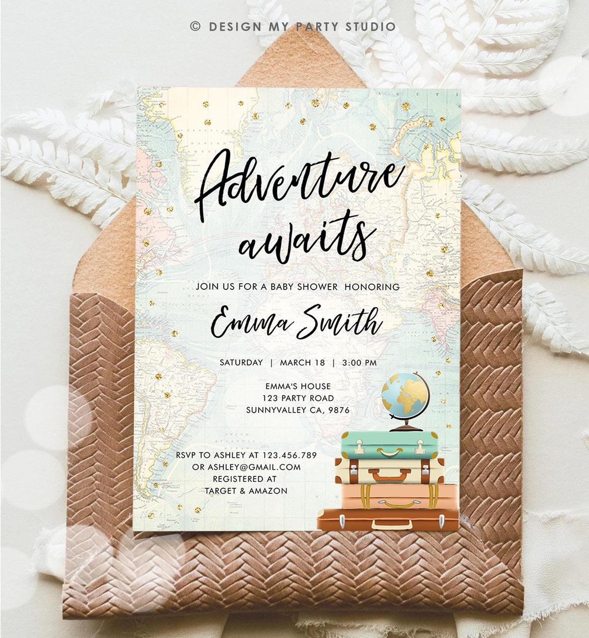 Editable Adventure Awaits Baby Shower Invitation Gold Confetti Suitcases Globe Travel Around World Digital Evite Template Printable 0263