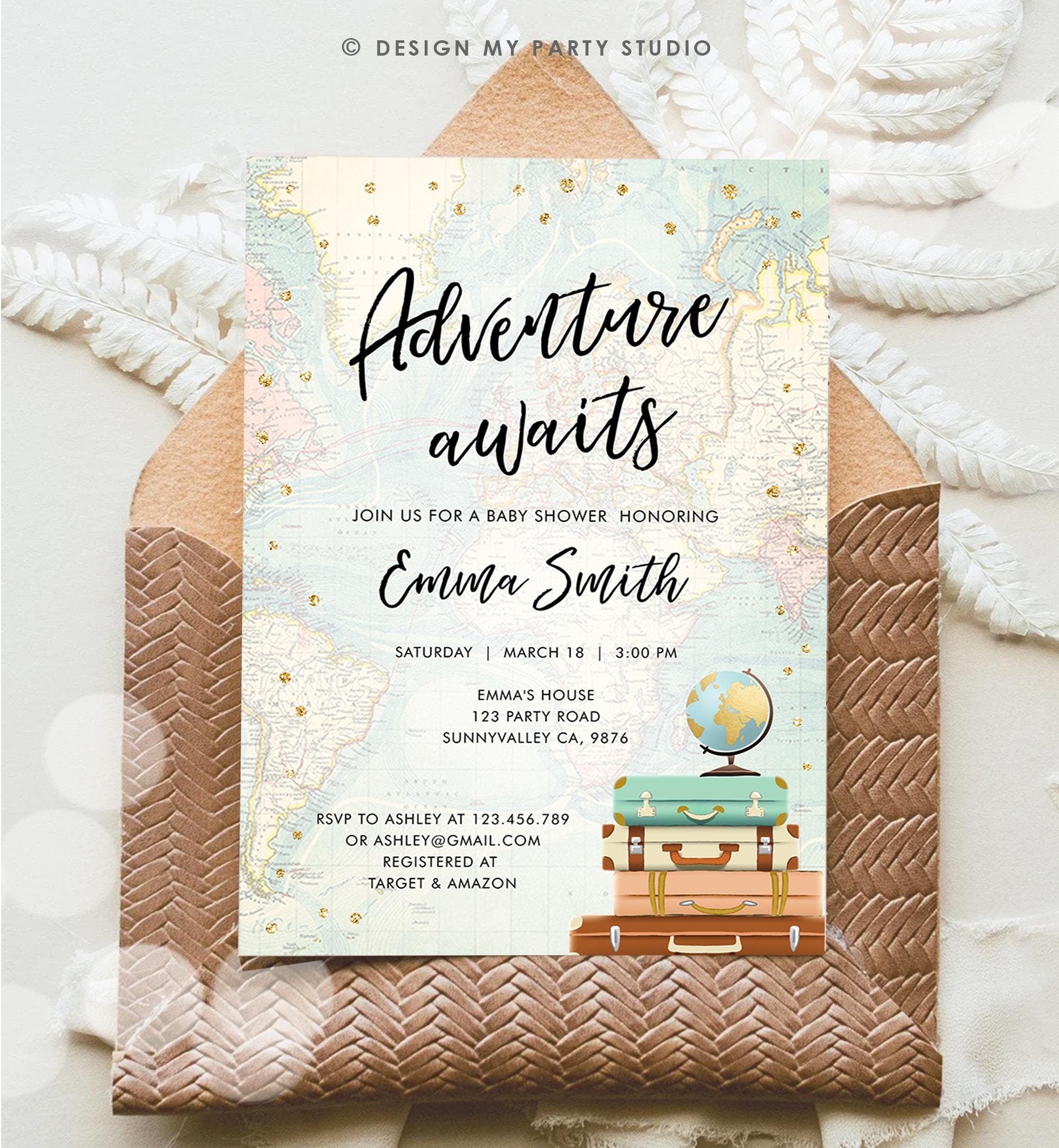 Editable Adventure Awaits Baby Shower Invitation Gold Confetti Suitcases Globe Travel Around World Digital Evite Template Printable 0263