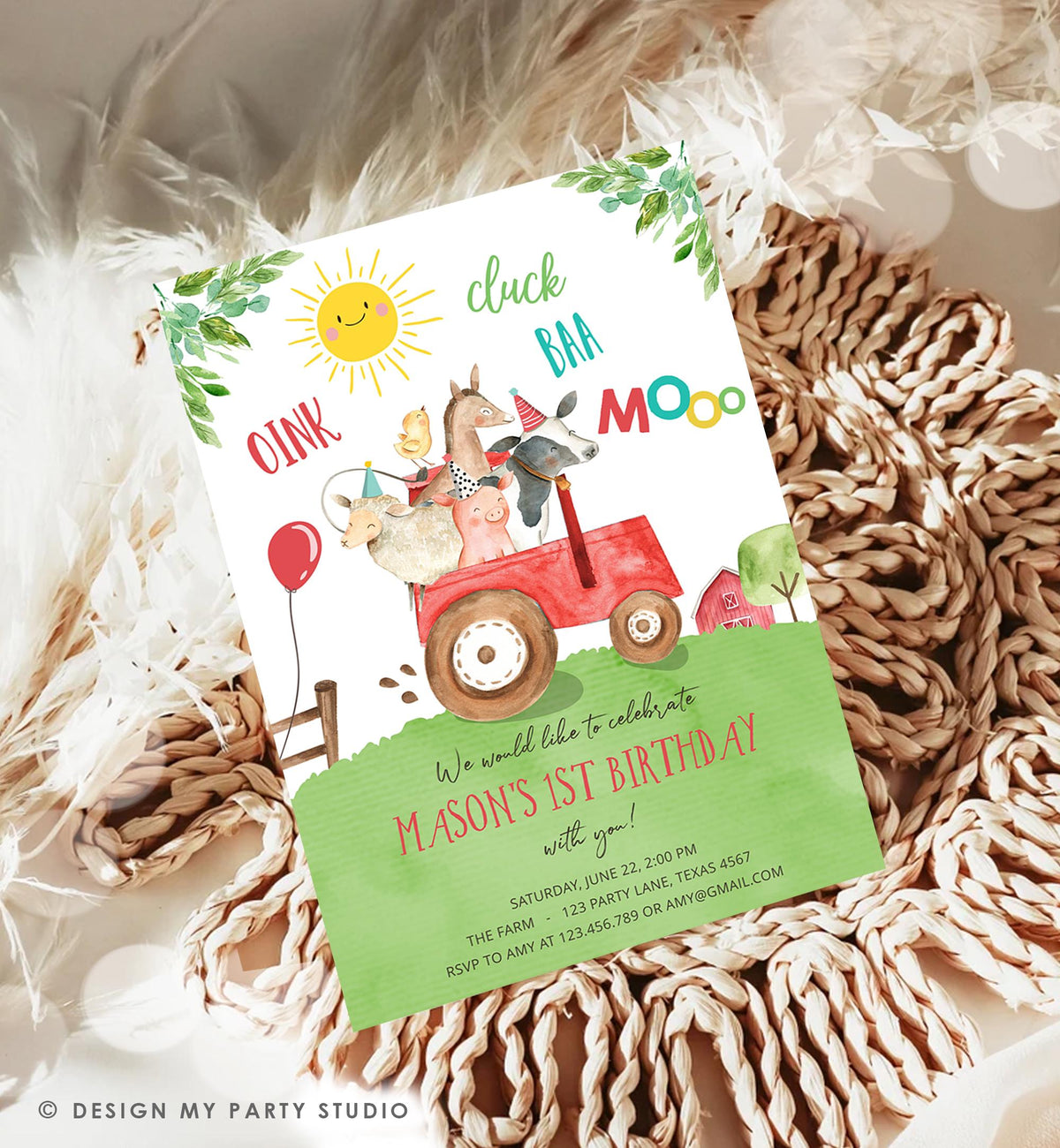 Editable Farm Animals Birthday Invitation Boy Party Animals Boy Barnyard Red Tractor Party Digital Download Evite Template Printable 0155