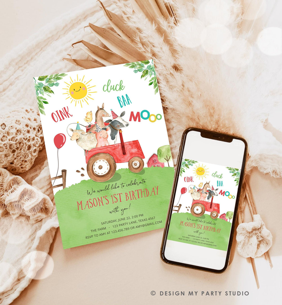 Editable Farm Animals Birthday Invitation Boy Party Animals Boy Barnyard Red Tractor Party Digital Download Evite Template Printable 0155