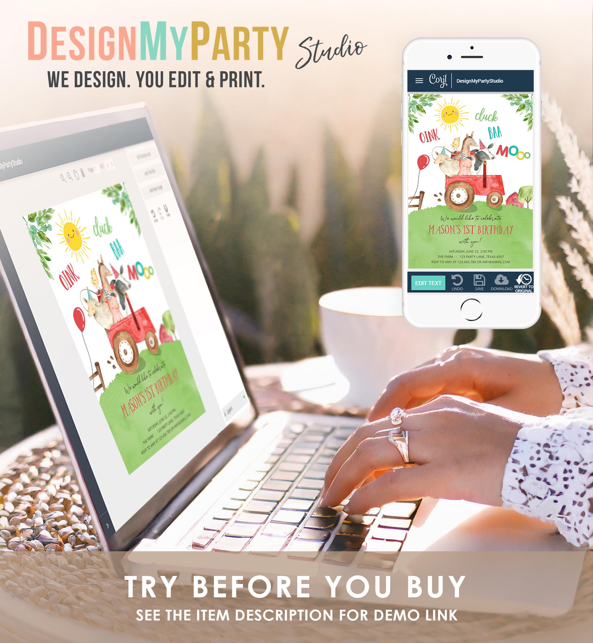 Editable Farm Animals Birthday Invitation Boy Party Animals Boy Barnyard Red Tractor Party Digital Download Evite Template Printable 0155