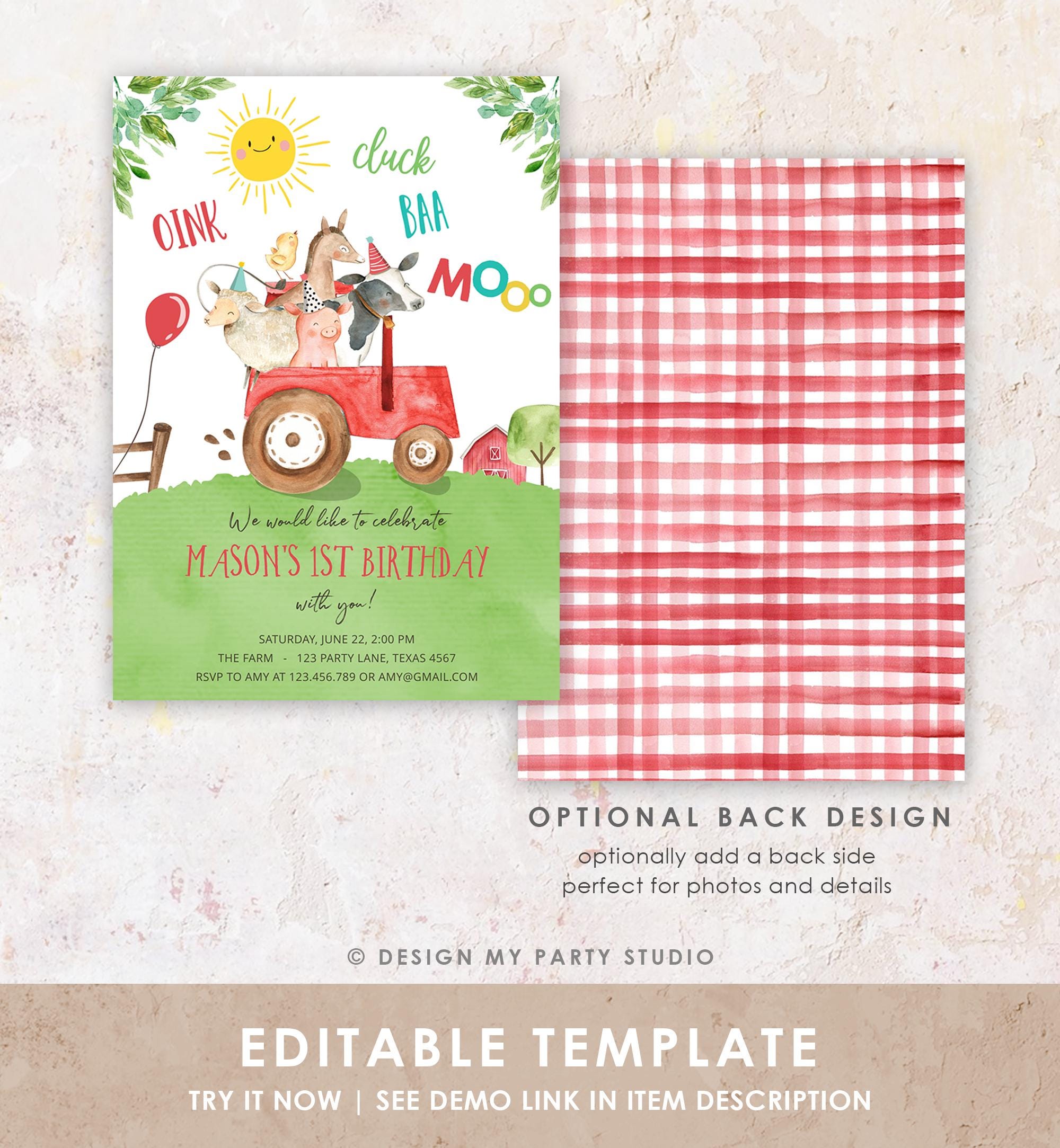 Editable Farm Animals Birthday Invitation Boy Party Animals Boy Barnyard Red Tractor Party Digital Download Evite Template Printable 0155