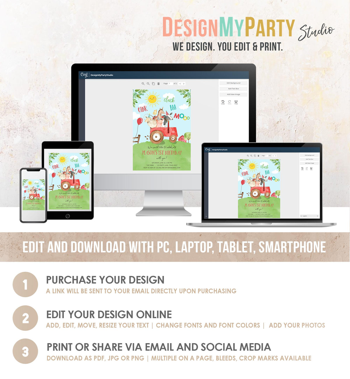 Editable Farm Animals Birthday Invitation Boy Party Animals Boy Barnyard Red Tractor Party Digital Download Evite Template Printable 0155