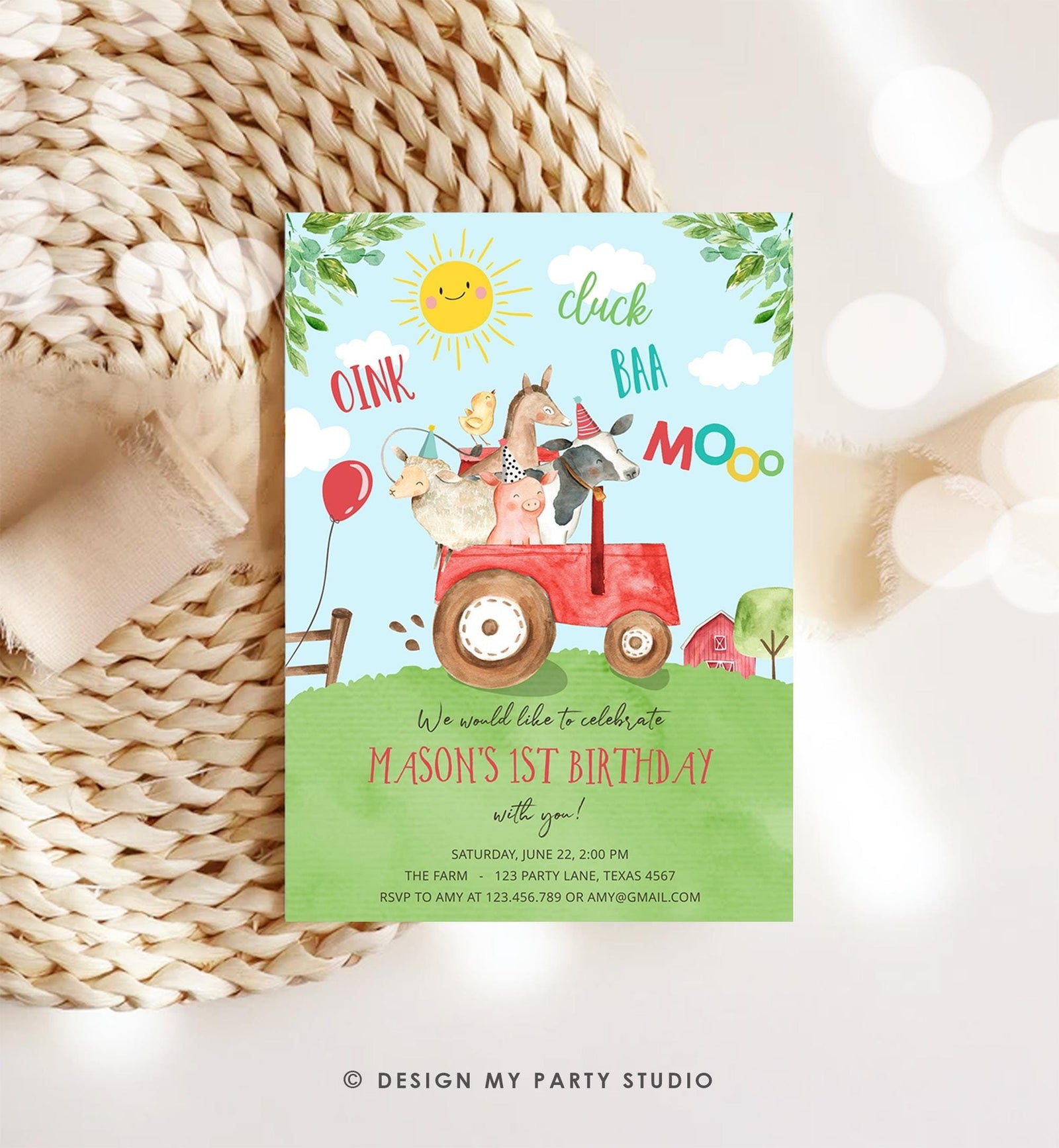 Editable Farm Animals Birthday Invitation Boy Party Animals Boy Barnyard Red Tractor Party Digital Download Evite Template Printable 0155