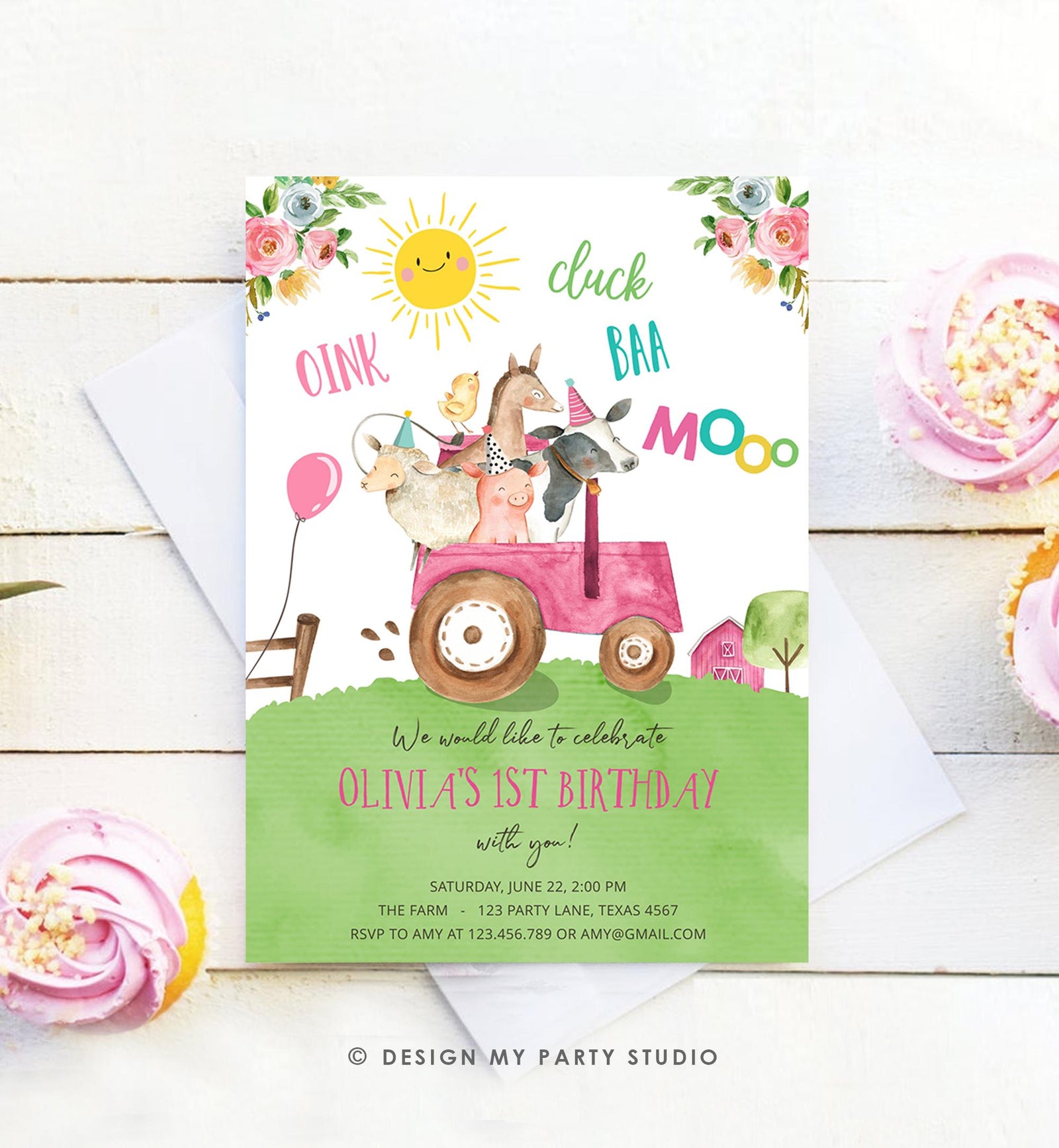 Editable Farm Animals Birthday Invitation Girl Party Animals Boy Barnyard Pink Tractor Party Digital Download Evite Template Printable 0155