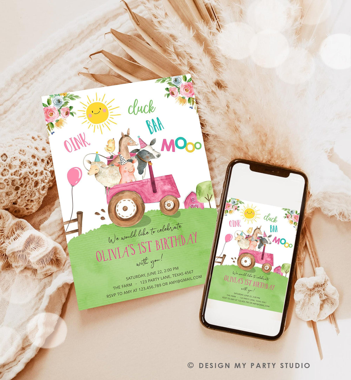 Editable Farm Animals Birthday Invitation Girl Party Animals Boy Barnyard Pink Tractor Party Digital Download Evite Template Printable 0155