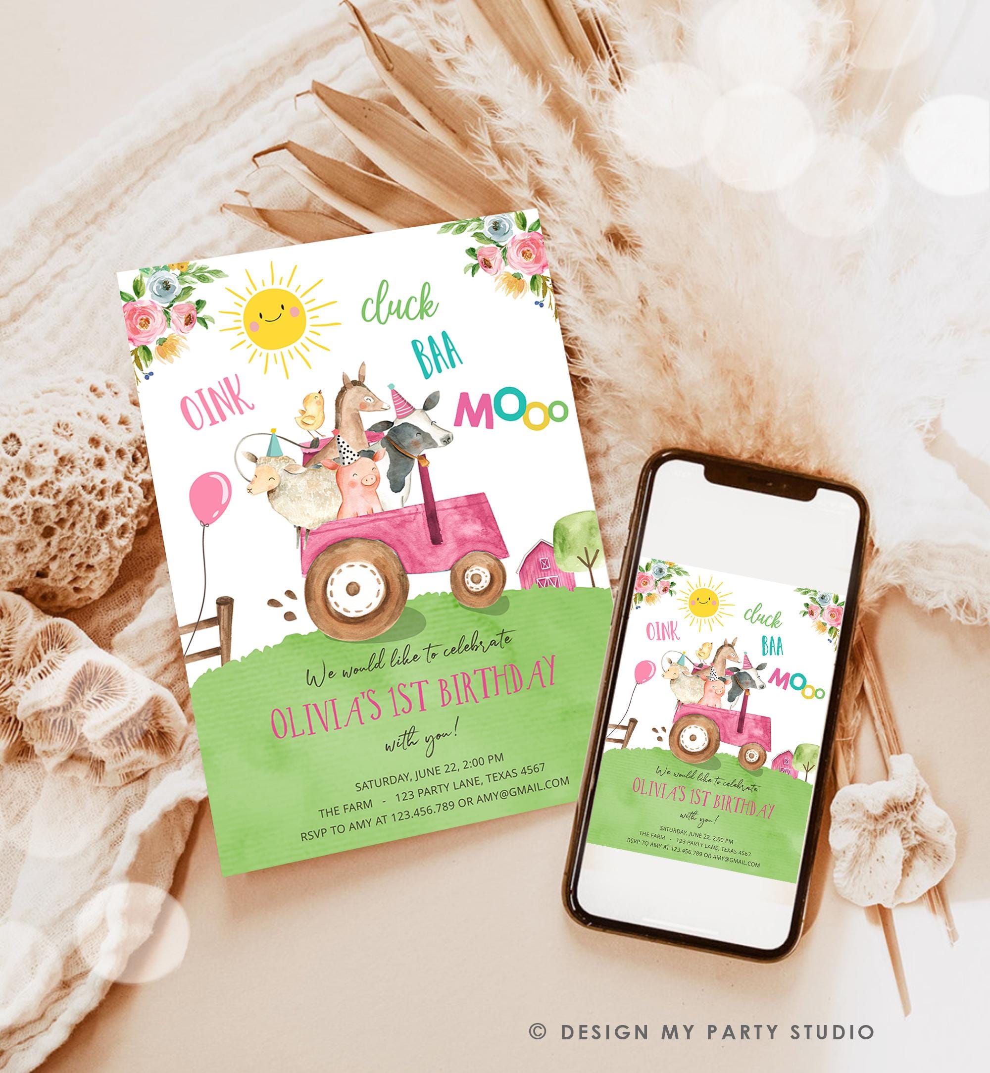 Editable Farm Animals Birthday Invitation Girl Party Animals Boy Barnyard Pink Tractor Party Digital Download Evite Template Printable 0155