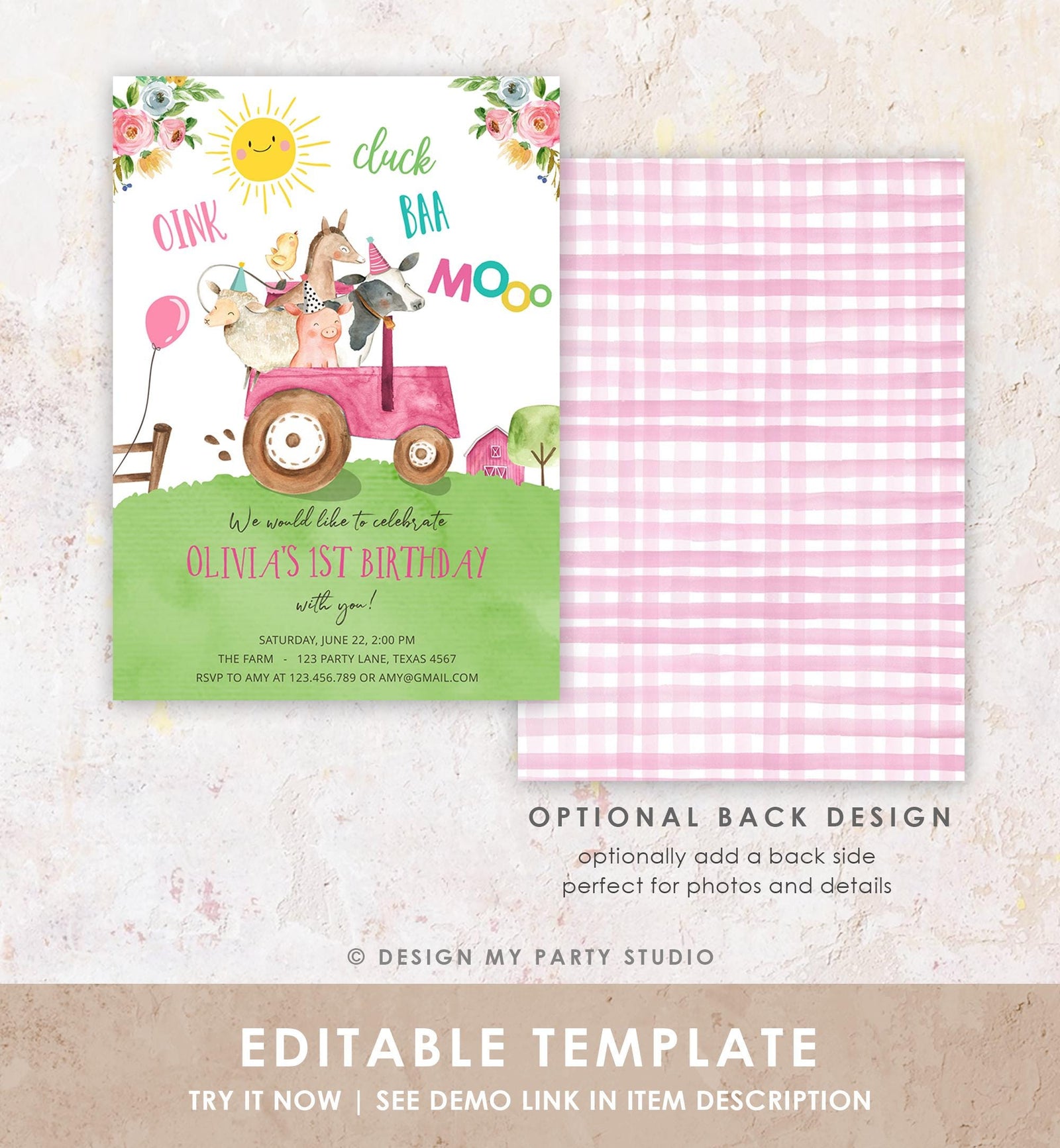 Editable Farm Animals Birthday Invitation Girl Party Animals Boy Barnyard Pink Tractor Party Digital Download Evite Template Printable 0155