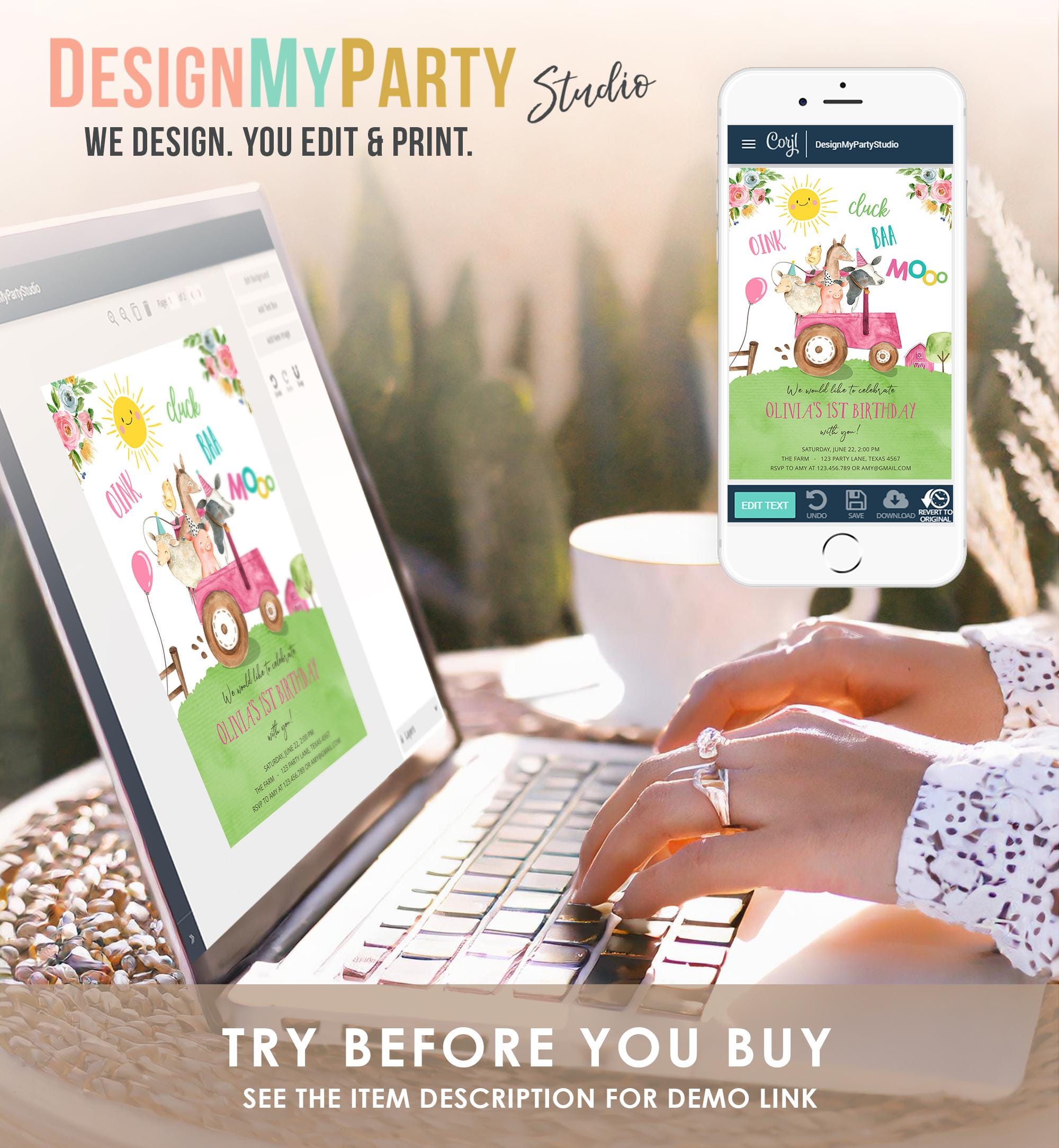 Editable Farm Animals Birthday Invitation Girl Party Animals Boy Barnyard Pink Tractor Party Digital Download Evite Template Printable 0155
