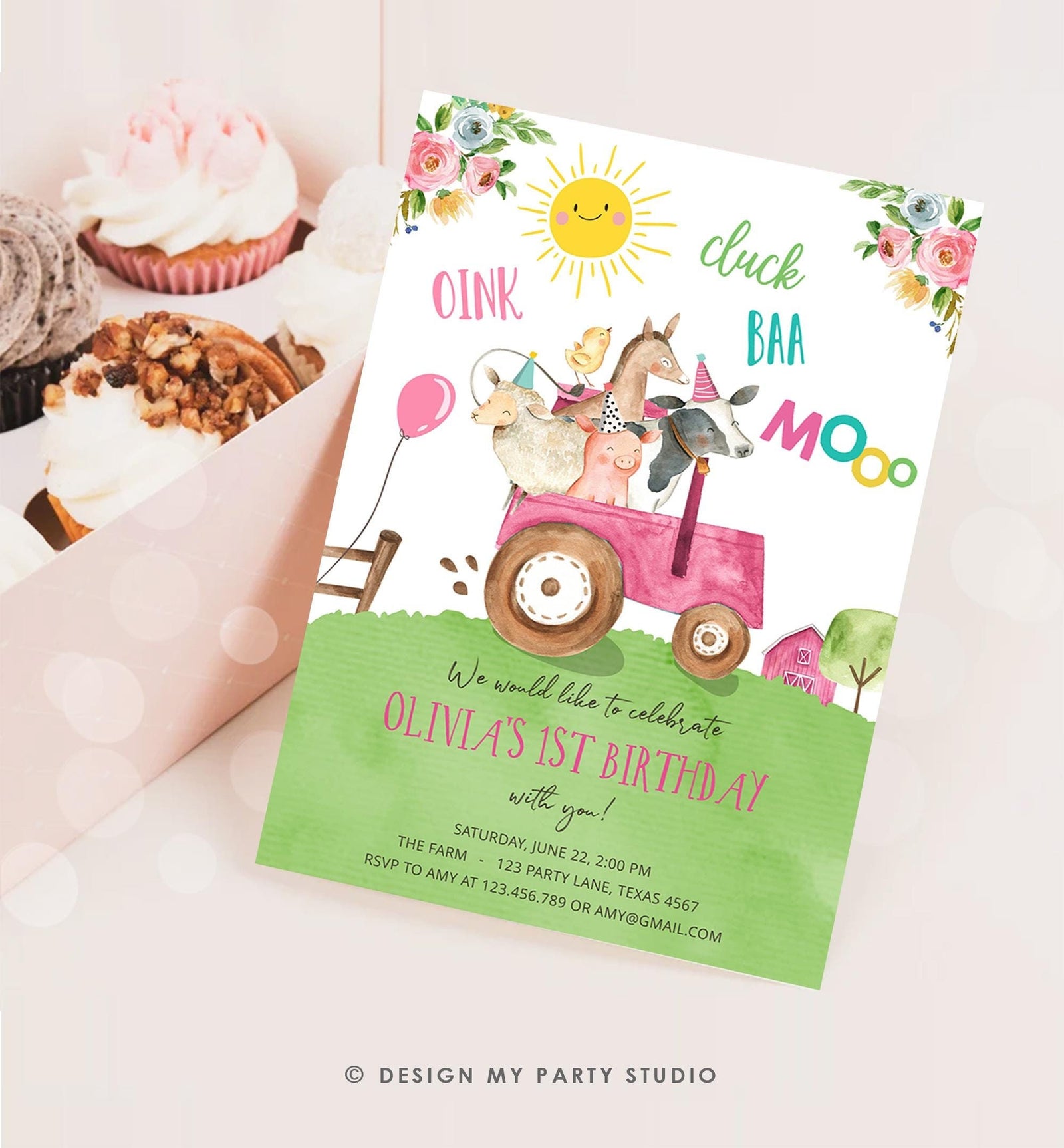 Editable Farm Animals Birthday Invitation Girl Party Animals Boy Barnyard Pink Tractor Party Digital Download Evite Template Printable 0155