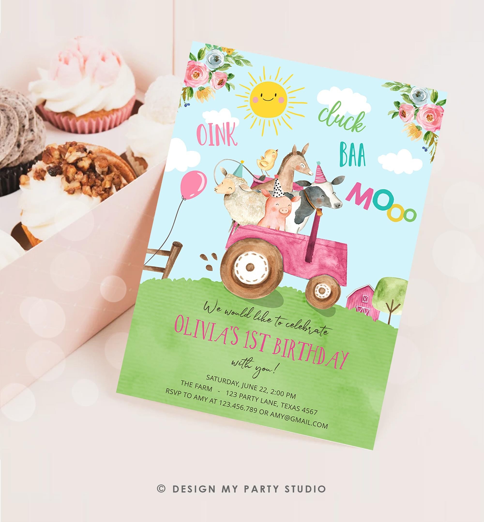 Editable Farm Animals Birthday Invitation Girl Party Animals Boy Barnyard Pink Tractor Party Digital Download Evite Template Printable 0155