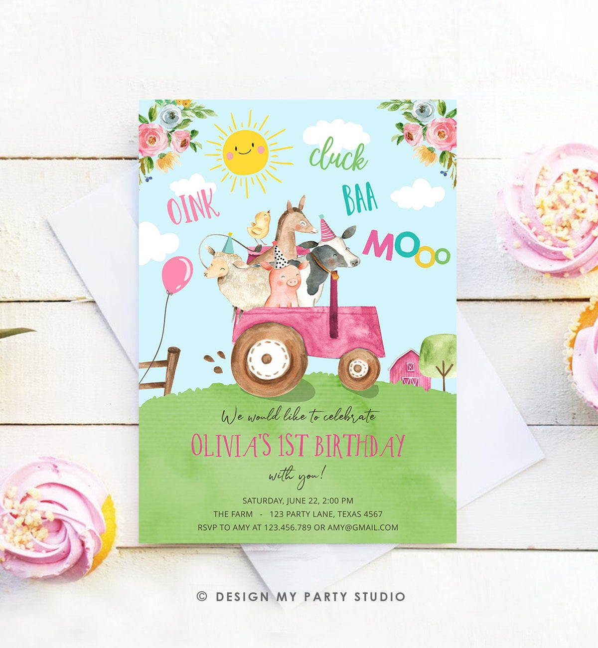 Editable Farm Animals Birthday Invitation Girl Party Animals Boy Barnyard Pink Tractor Party Digital Download Evite Template Printable 0155