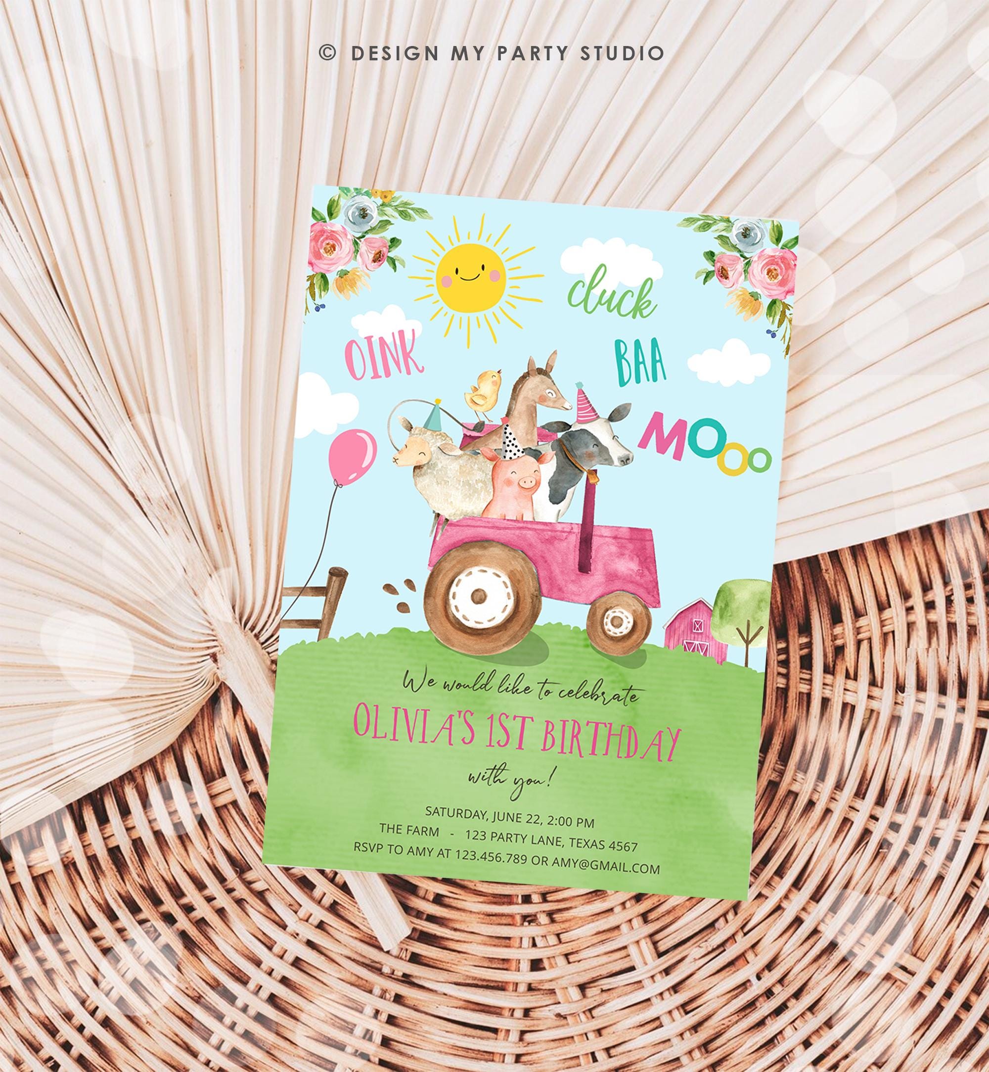 Editable Farm Animals Birthday Invitation Girl Party Animals Boy Barnyard Pink Tractor Party Digital Download Evite Template Printable 0155