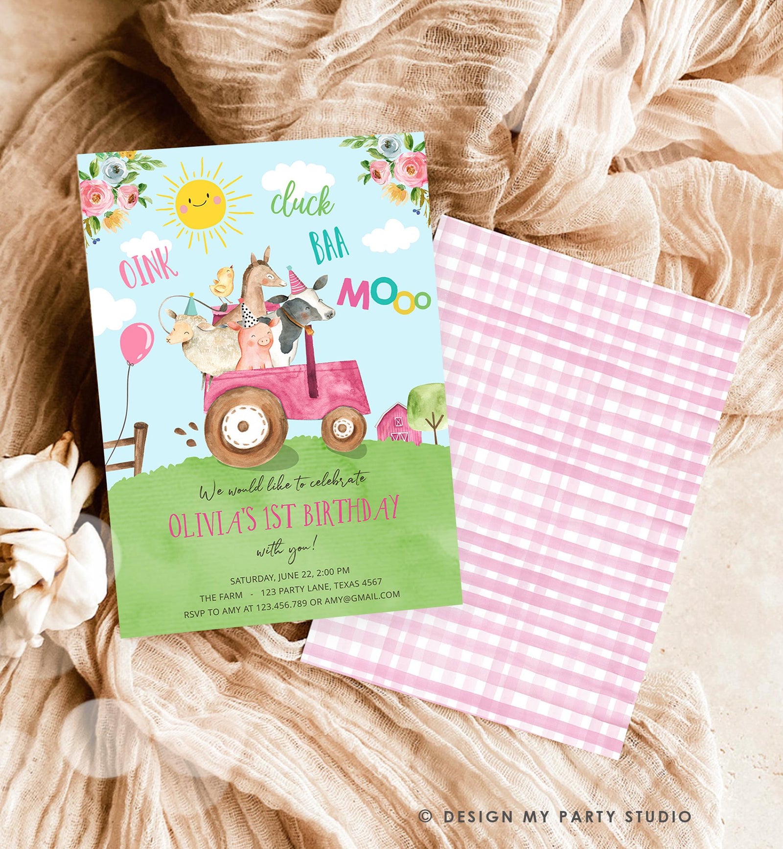 Editable Farm Animals Birthday Invitation Girl Party Animals Boy Barnyard Pink Tractor Party Digital Download Evite Template Printable 0155