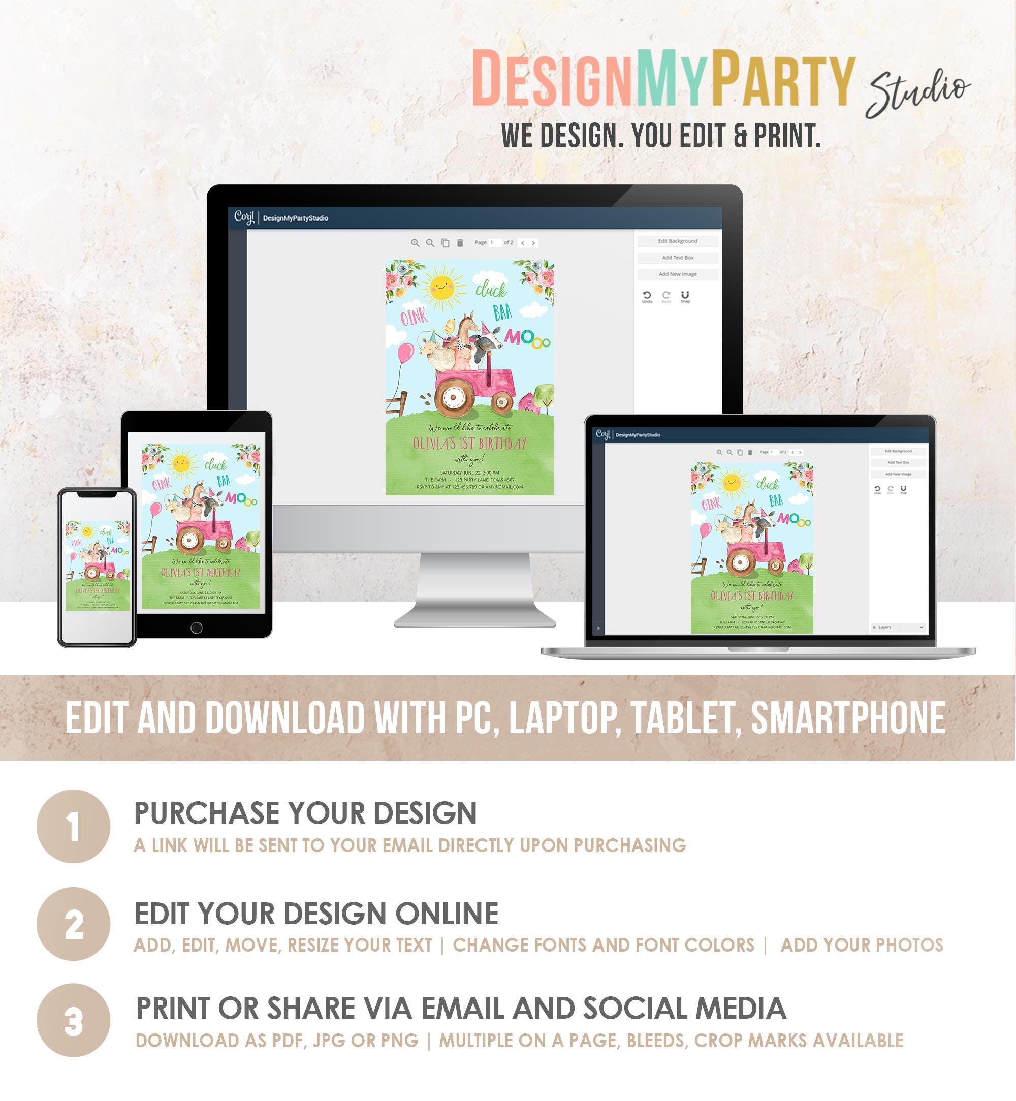 Editable Farm Animals Birthday Invitation Girl Party Animals Boy Barnyard Pink Tractor Party Digital Download Evite Template Printable 0155