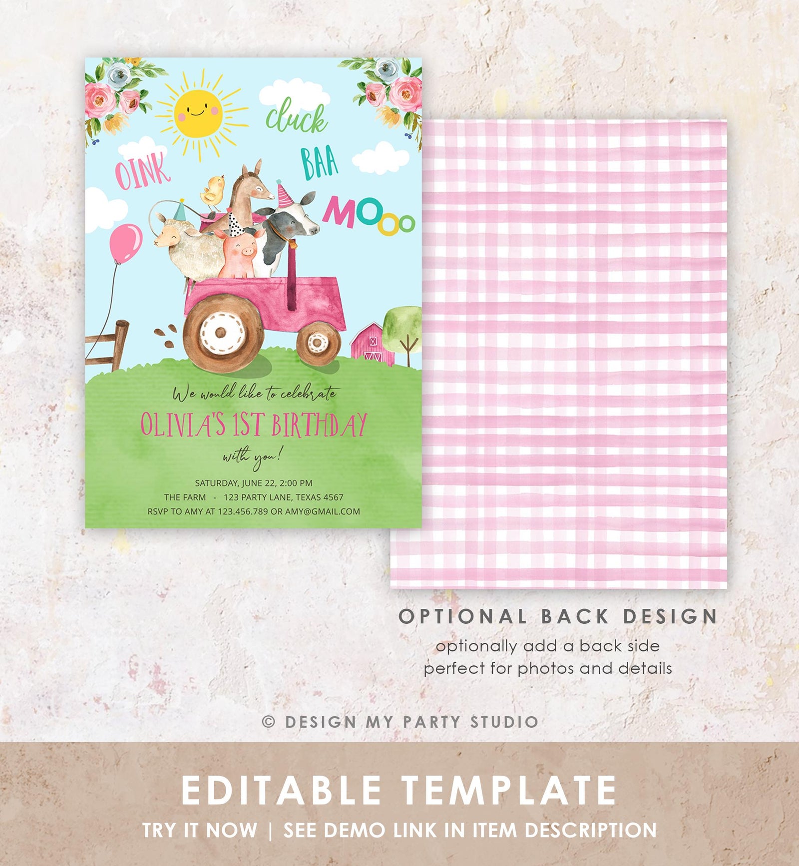 Editable Farm Animals Birthday Invitation Girl Party Animals Boy Barnyard Pink Tractor Party Digital Download Evite Template Printable 0155
