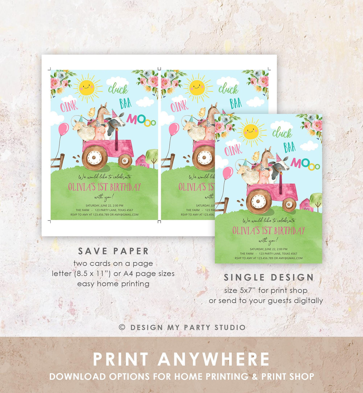 Editable Farm Animals Birthday Invitation Girl Party Animals Boy Barnyard Pink Tractor Party Digital Download Evite Template Printable 0155
