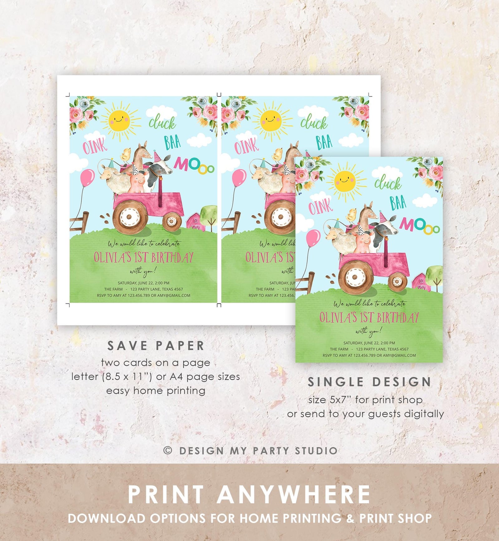 Editable Farm Animals Birthday Invitation Girl Party Animals Boy Barnyard Pink Tractor Party Digital Download Evite Template Printable 0155