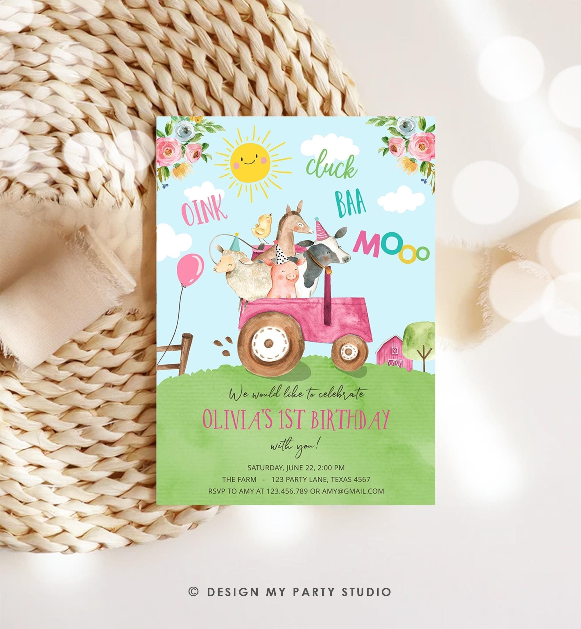 Editable Farm Animals Birthday Invitation Girl Party Animals Boy Barnyard Pink Tractor Party Digital Download Evite Template Printable 0155