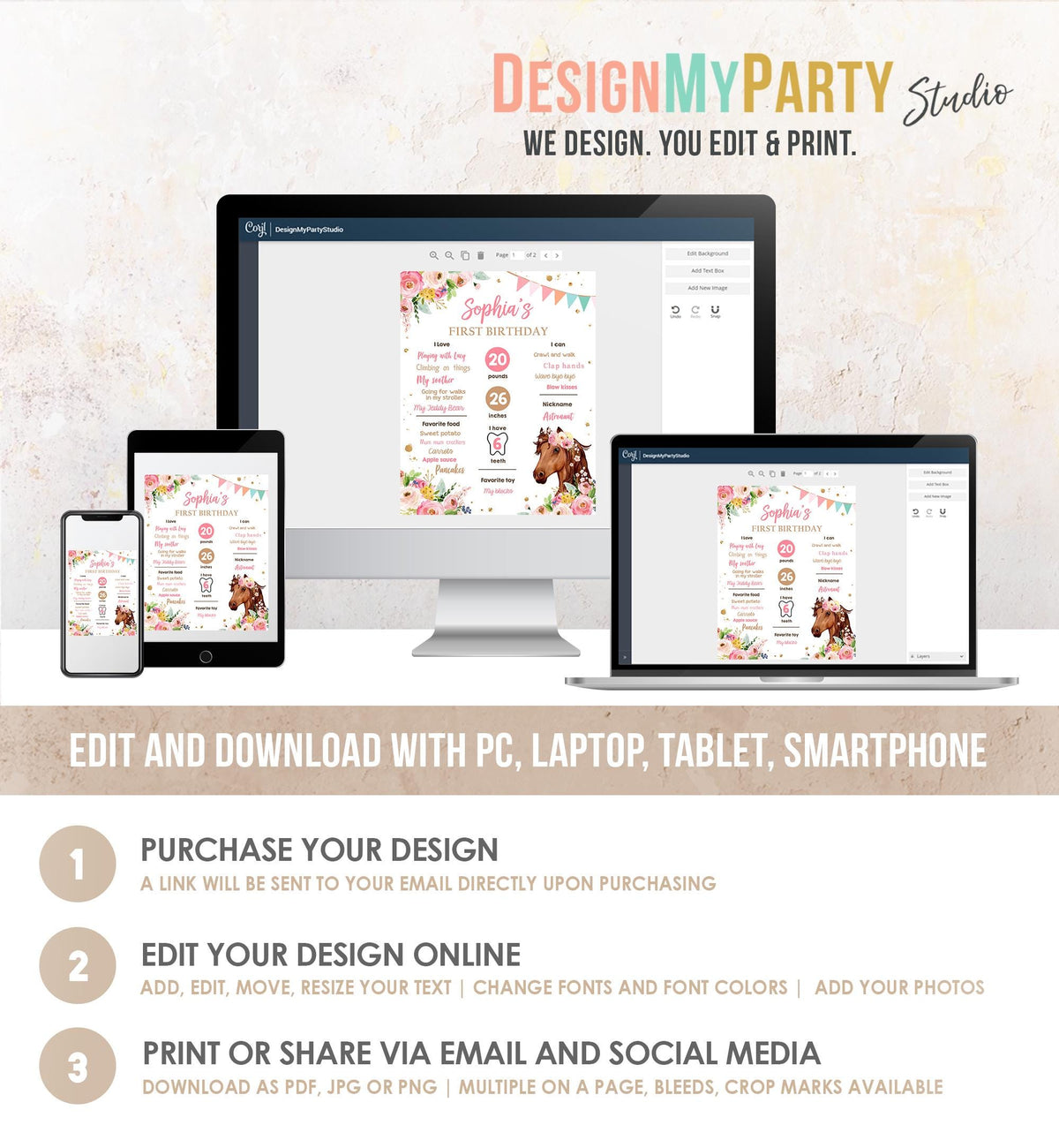 Editable Horse Birthday Milestones Sign First Birthday 1st Disco Rodeo Western Girl Pink Floral Download Digital Template Printable 0408