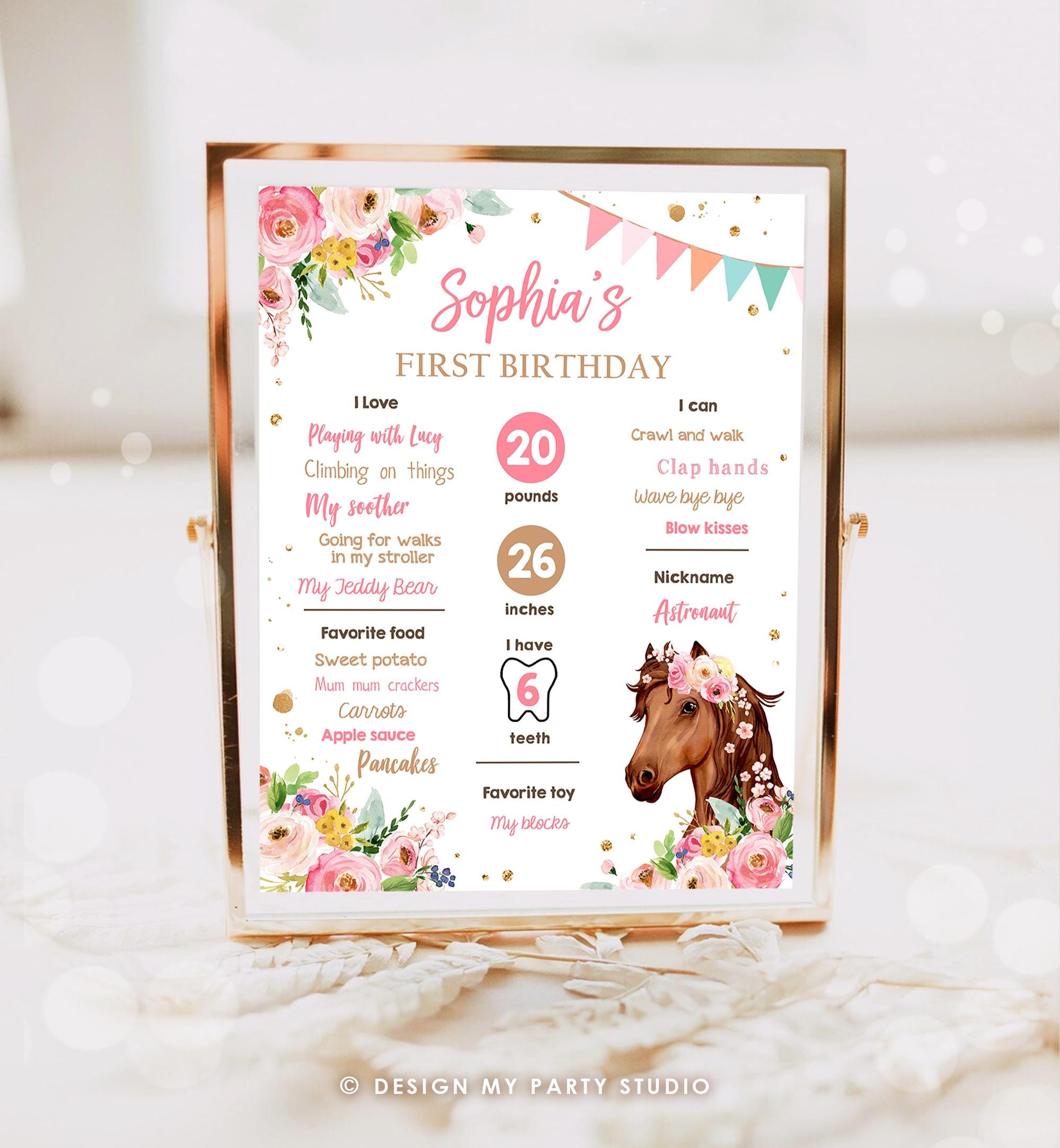 Editable Horse Birthday Milestones Sign First Birthday 1st Disco Rodeo Western Girl Pink Floral Download Digital Template Printable 0408