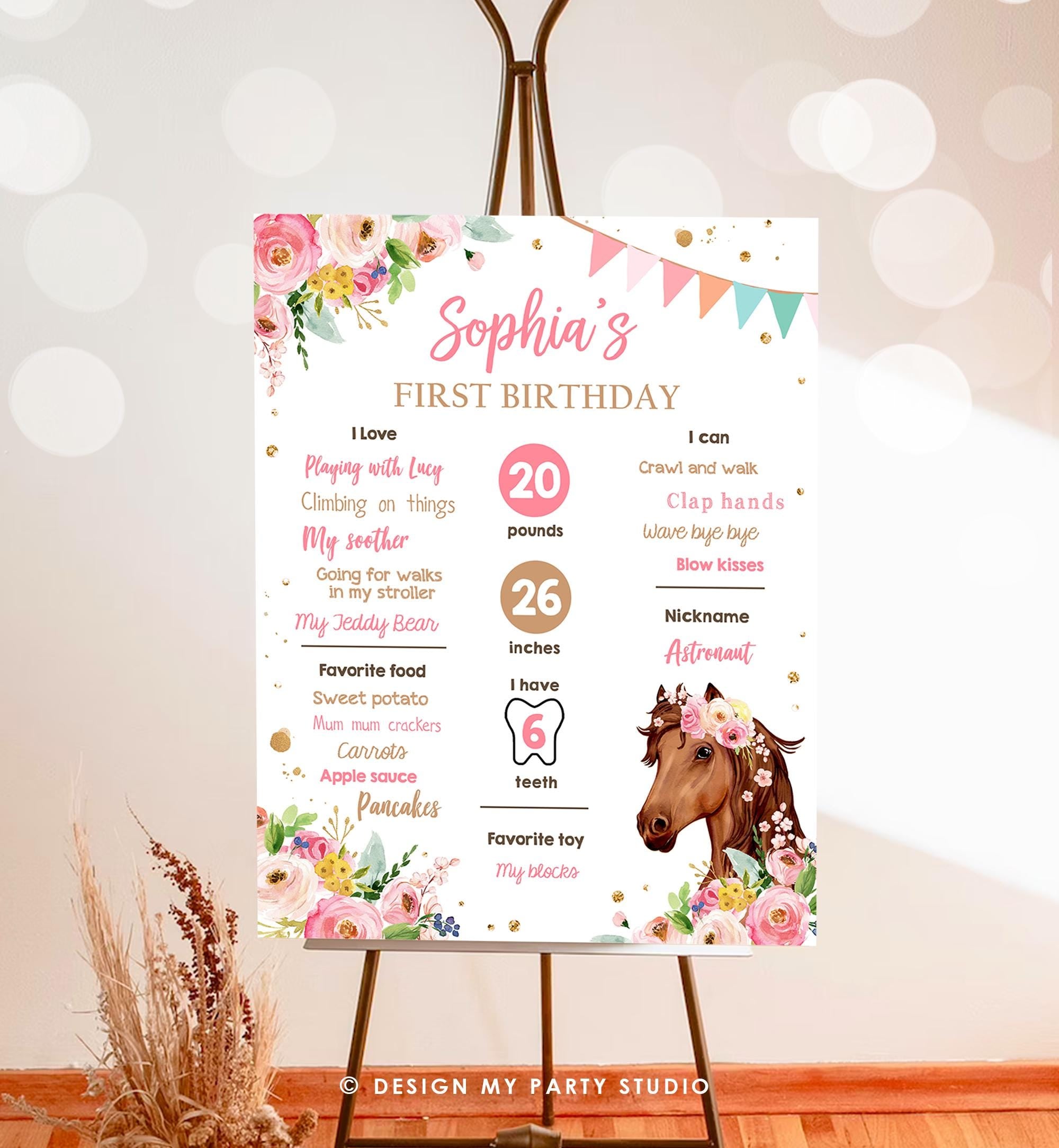 Editable Horse Birthday Milestones Sign First Birthday 1st Disco Rodeo Western Girl Pink Floral Download Digital Template Printable 0408
