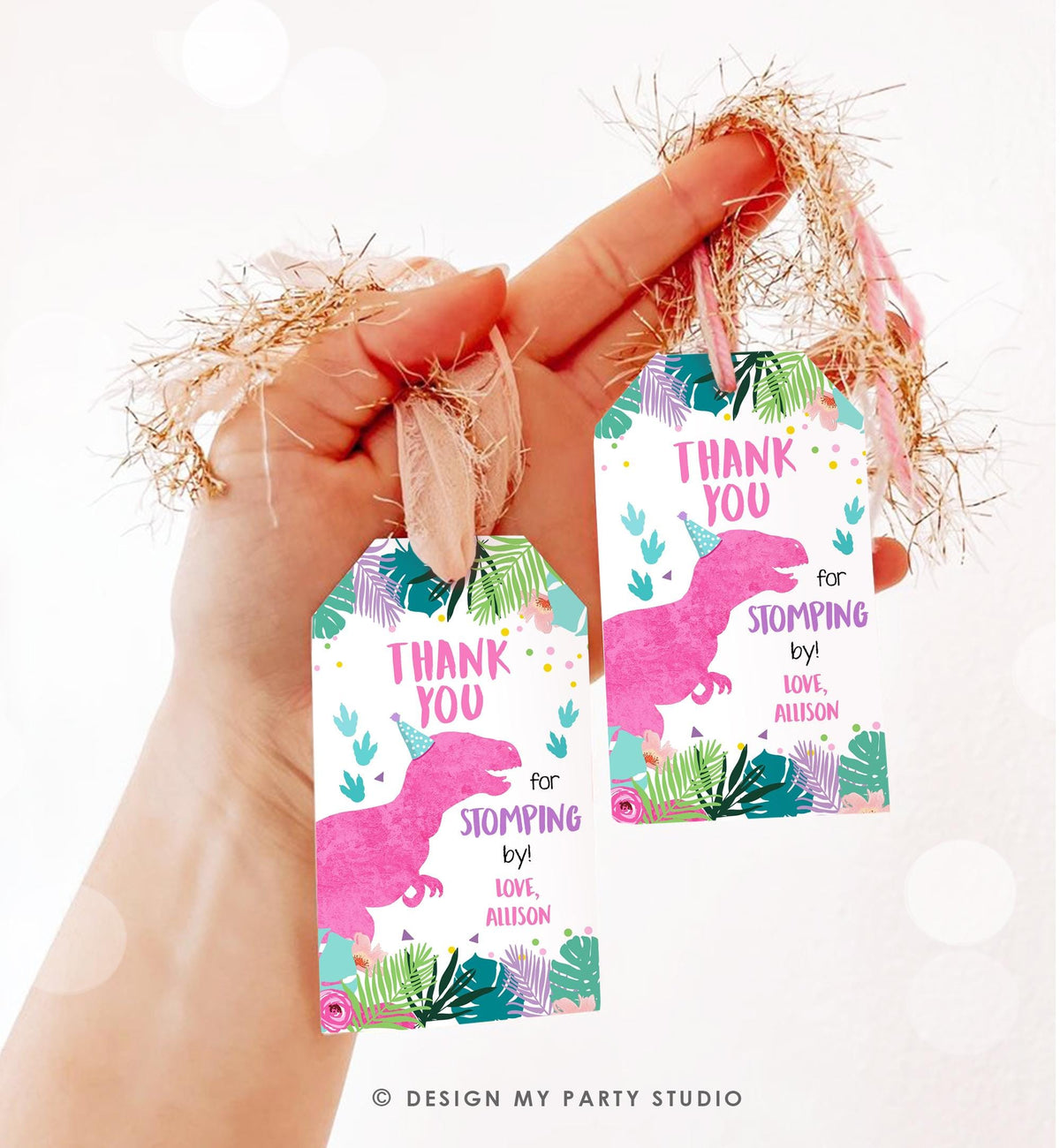 Editable Dinosaur Birthday Favor Tag Gift Tag Girl Pink T-Rex Three Rex Thank You Stomping By Dino Party Digital Template Printable 0423