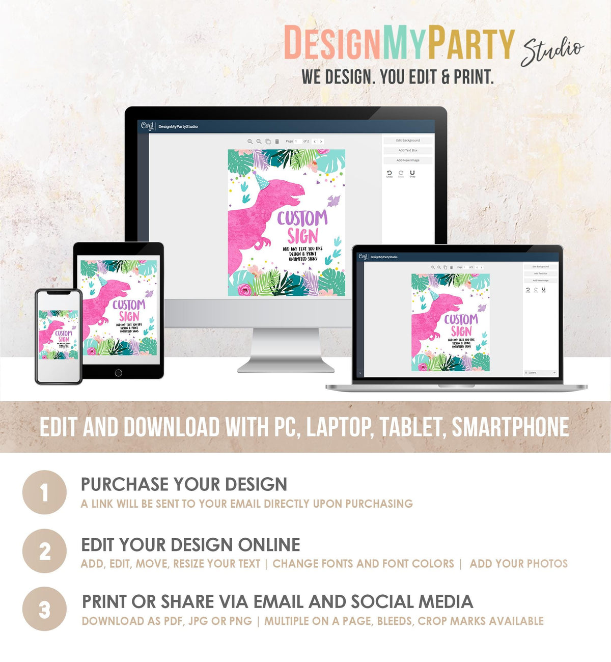 Editable Custom Dinosaur Birthday Sign Decor Dino Party Table Sign Girl Pink T-Rex 8x10 Party Three Rex Digital Template Printable 0423