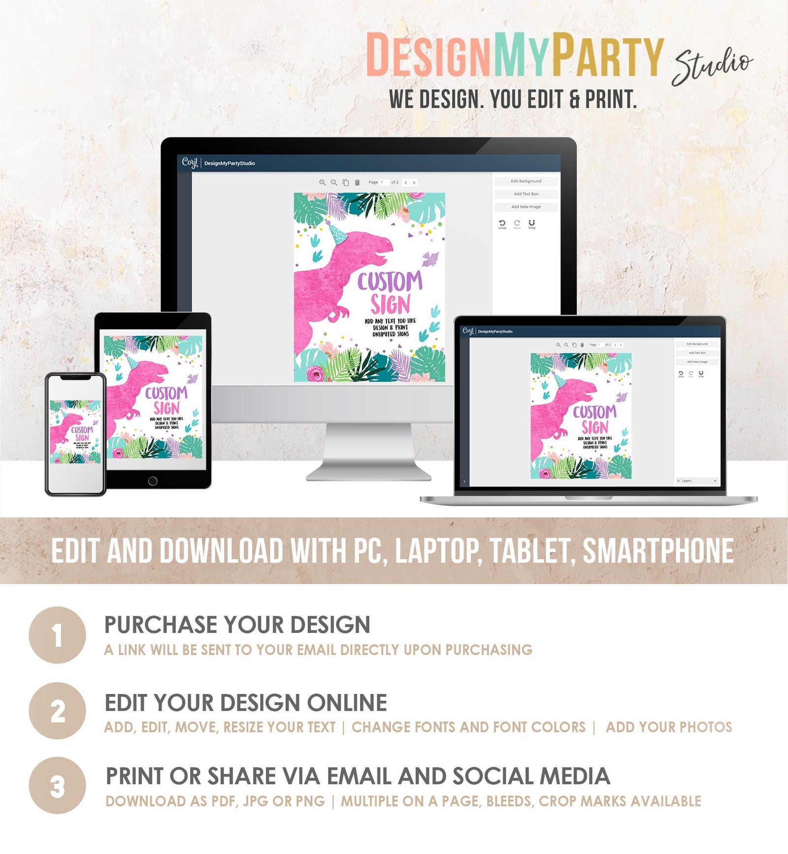 Editable Custom Dinosaur Birthday Sign Decor Dino Party Table Sign Girl Pink T-Rex 8x10 Party Three Rex Digital Template Printable 0423