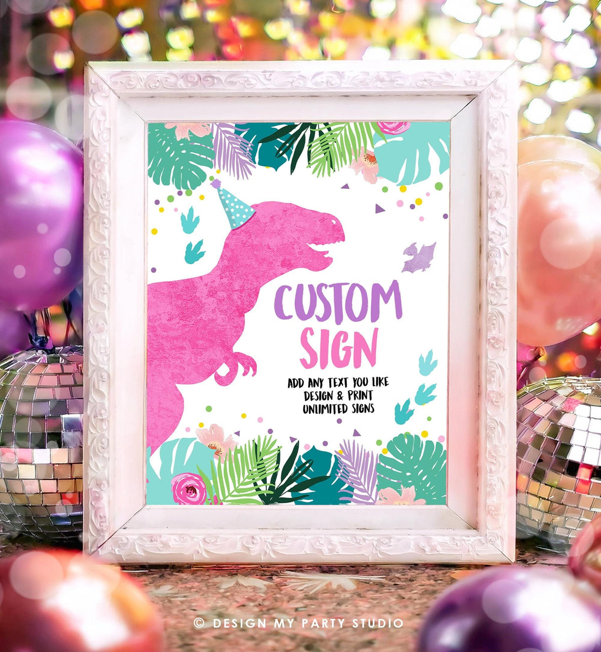 Editable Custom Dinosaur Birthday Sign Decor Dino Party Table Sign Girl Pink T-Rex 8x10 Party Three Rex Digital Template Printable 0423