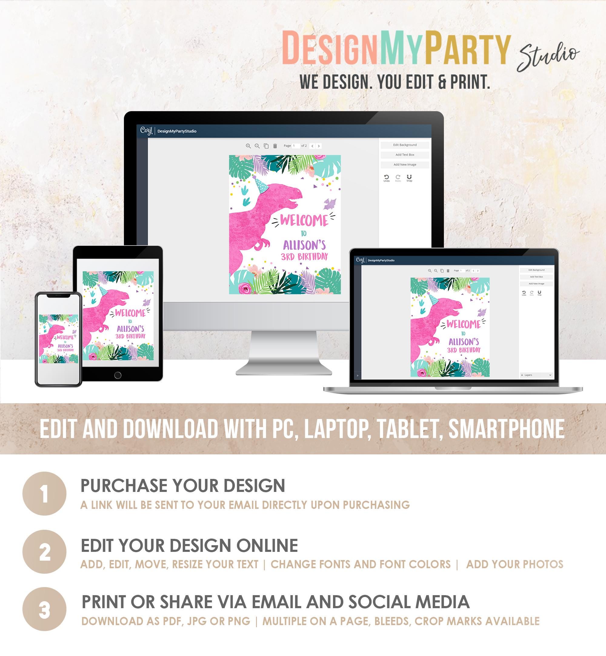 Editable Dinosaur Welcome Sign Girl Pink T-Rex Dino Dig Party Dinosaur Birthday Sign Table Sign Digital Download Template Printable 0423