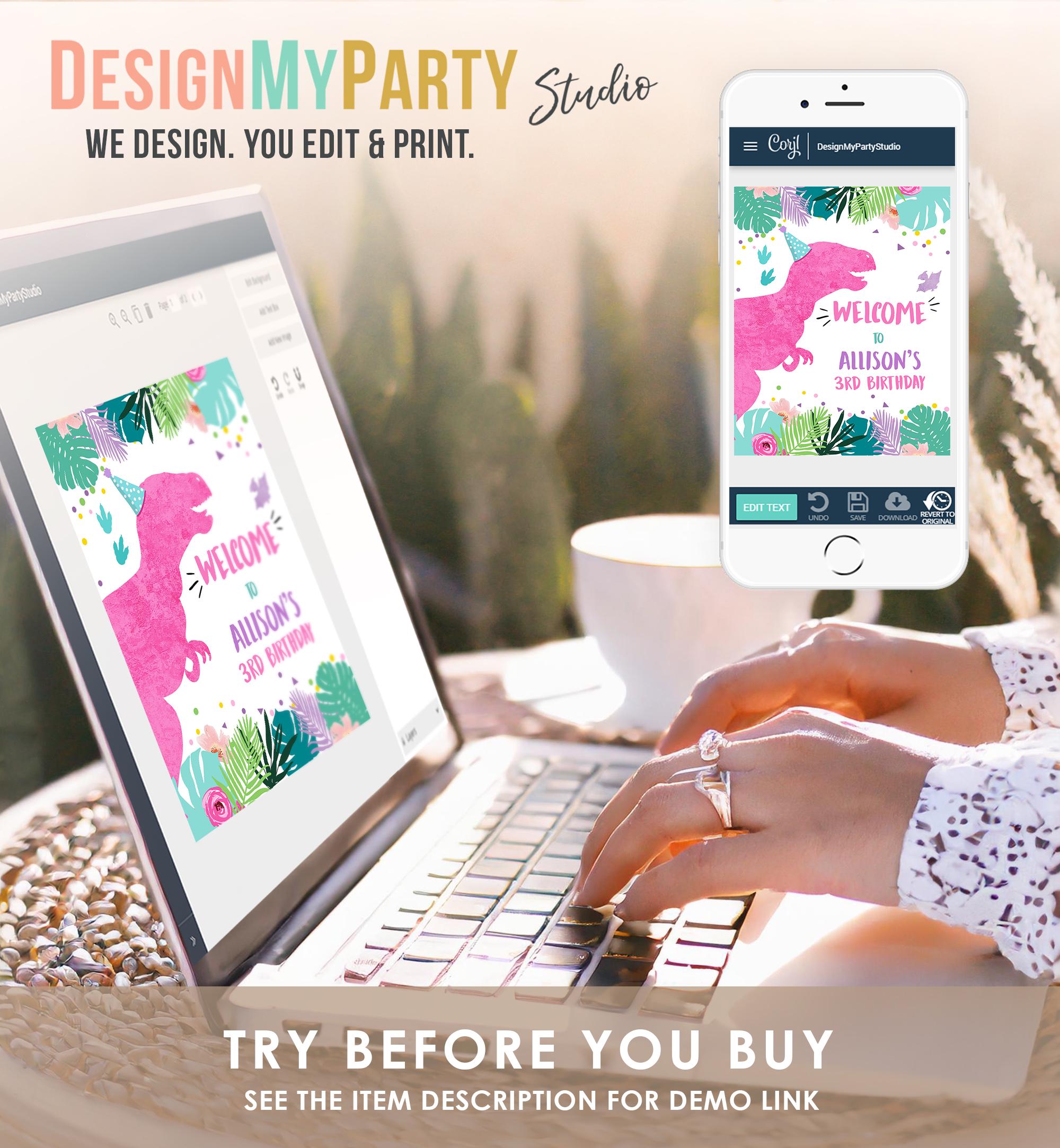 Editable Dinosaur Welcome Sign Girl Pink T-Rex Dino Dig Party Dinosaur Birthday Sign Table Sign Digital Download Template Printable 0423