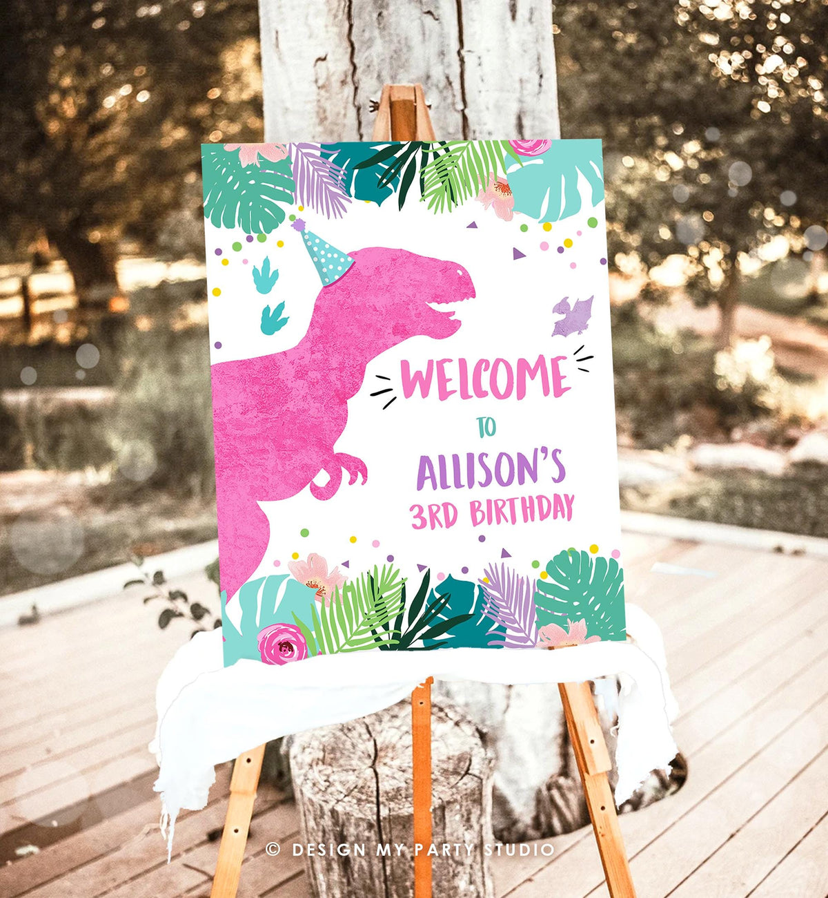 Editable Dinosaur Welcome Sign Girl Pink T-Rex Dino Dig Party Dinosaur Birthday Sign Table Sign Digital Download Template Printable 0423