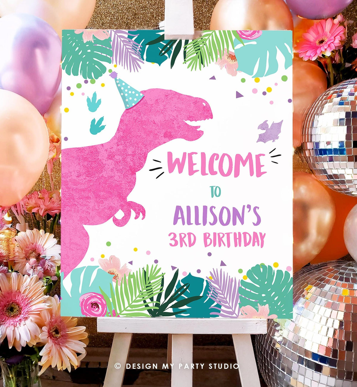 Editable Dinosaur Welcome Sign Girl Pink T-Rex Dino Dig Party Dinosaur Birthday Sign Table Sign Digital Download Template Printable 0423