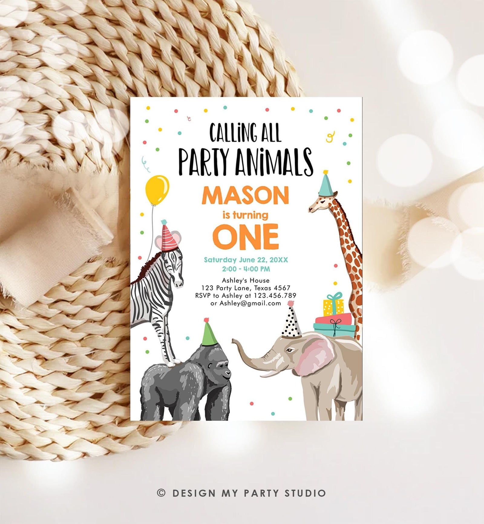 Editable Party Animals Birthday Invitation Wild One Animals Invitation Zoo Safari Animals Boy Download Digital Template Printable 0142