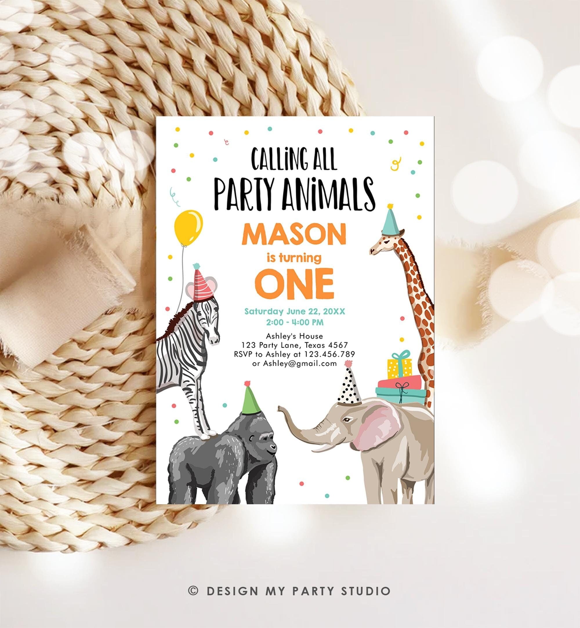 Editable Party Animals Birthday Invitation Wild One Animals Invitation Zoo Safari Animals Boy Download Digital Template Printable 0142