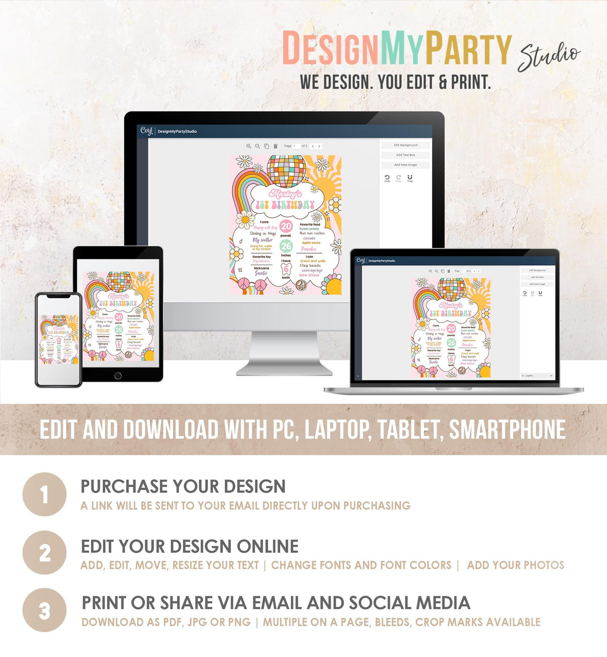 Editable Retro Groovy Birthday Milestones Sign Girl 1st First Hippie Flower Power 70&#39;s Boho Download Digital Template Printable 0538