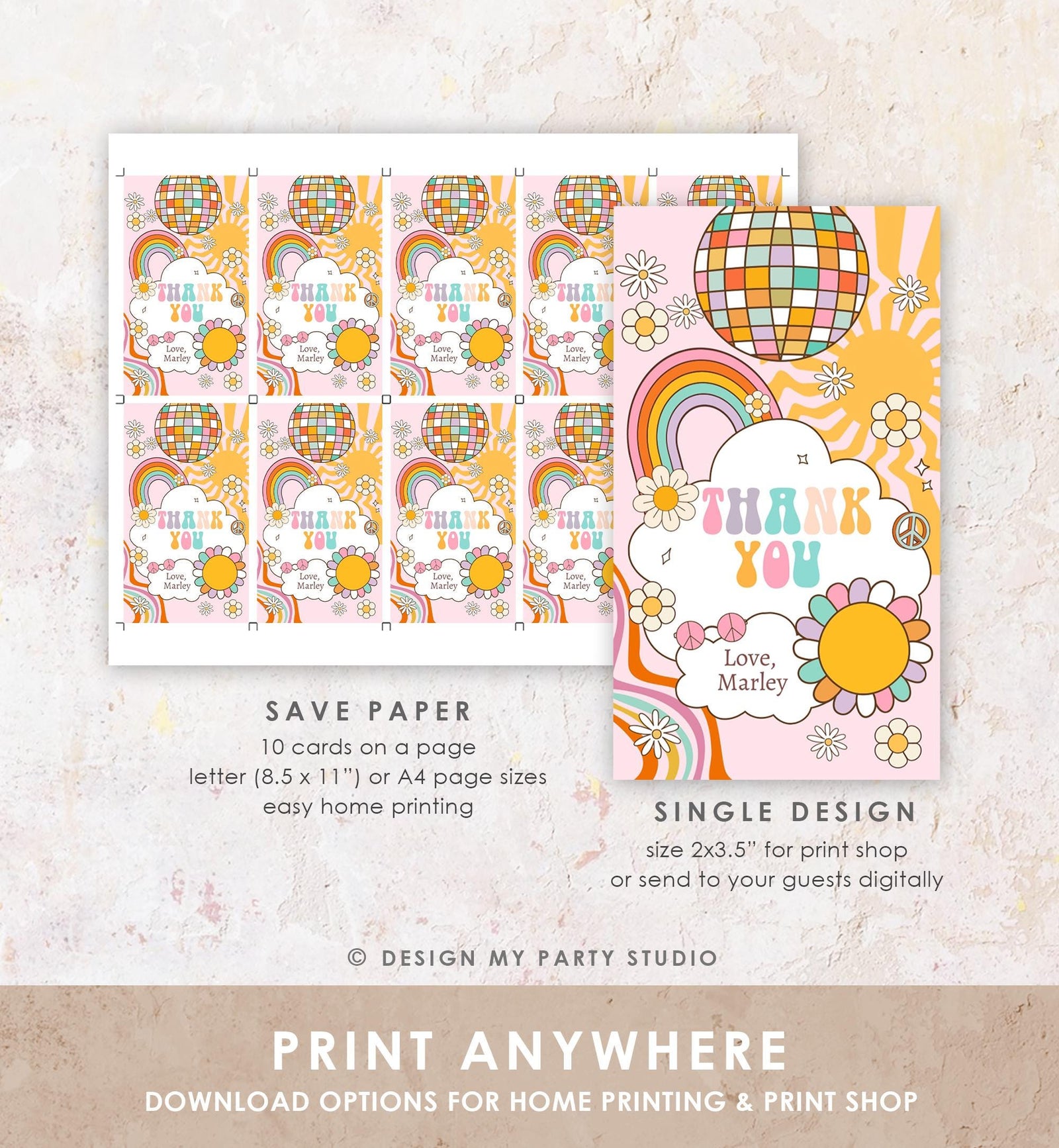 Editable Groovy Retro Favor Tag Disco Birthday Thank You Tag Girl Retro 70's Party Flower Power Hippie Digital Template Printable 0538