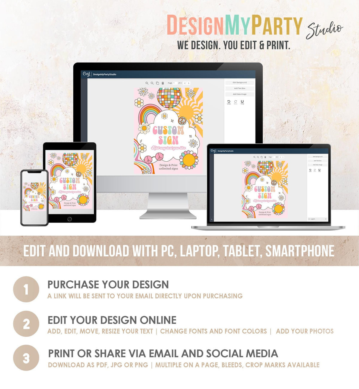 Editable Custom Sign Retro Groovy Birthday Party Disco Groovy Baby Shower Decor Daisy Floral Hippie 70s 8x10 Digital Template Printable 0538