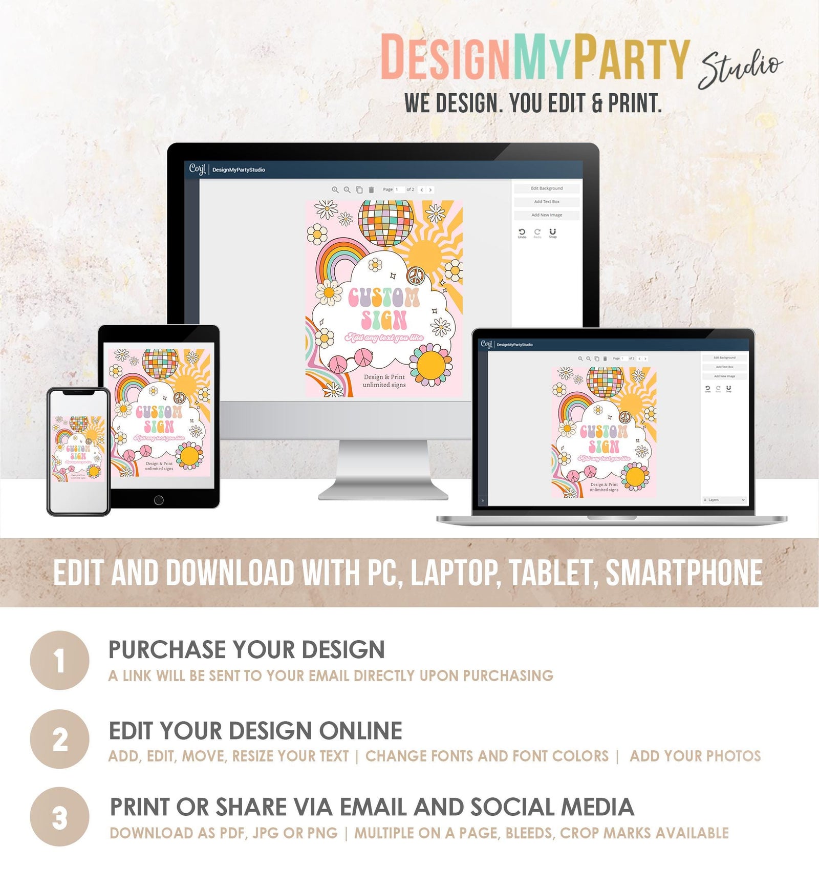 Editable Custom Sign Retro Groovy Birthday Party Disco Groovy Baby Shower Decor Daisy Floral Hippie 70s 8x10 Digital Template Printable 0538