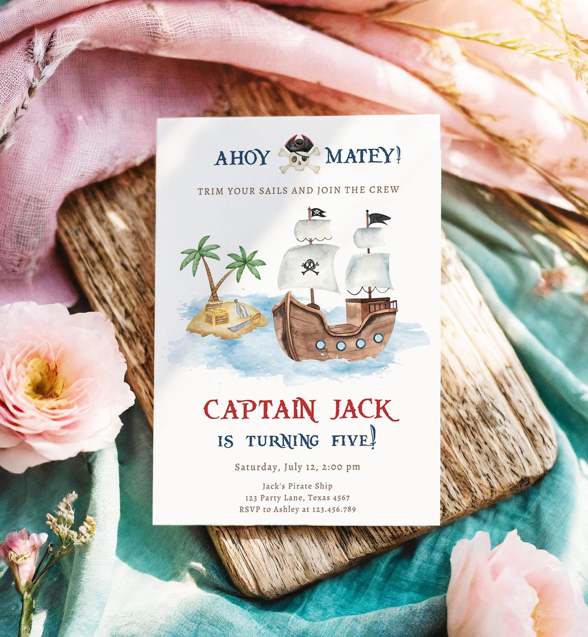 Editable Ahoy Matey Pirate Birthday Invitation Pirates Party Nautical Adventure Ship Treasure Island Digital Evite Template Printable 0531