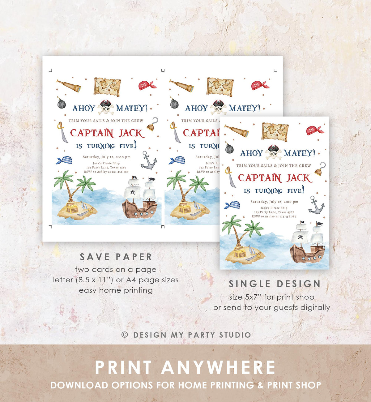 Editable Ahoy Matey Pirate Birthday Invitation Pirates Party Nautical Adventure Ship Treasure Island Digital Evite Template Printable 0531